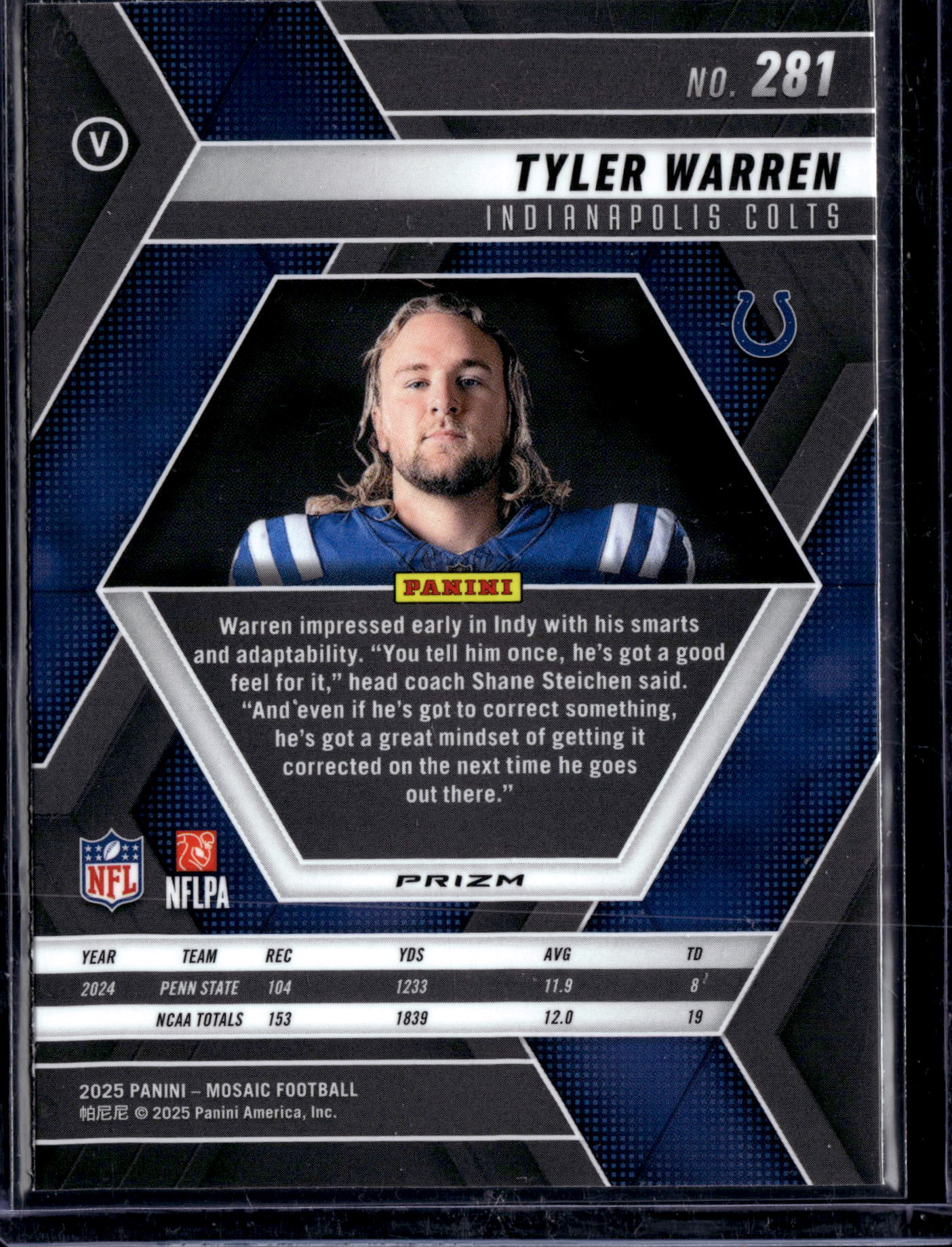 2025 Panini Mosaic Football Tyler Warren #281 Green RC