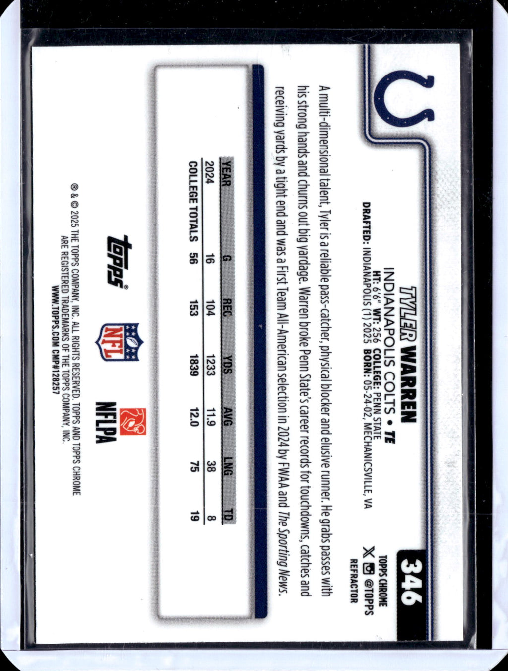 2025 Topps Chrome Tyler Warren #346 Refractor RC