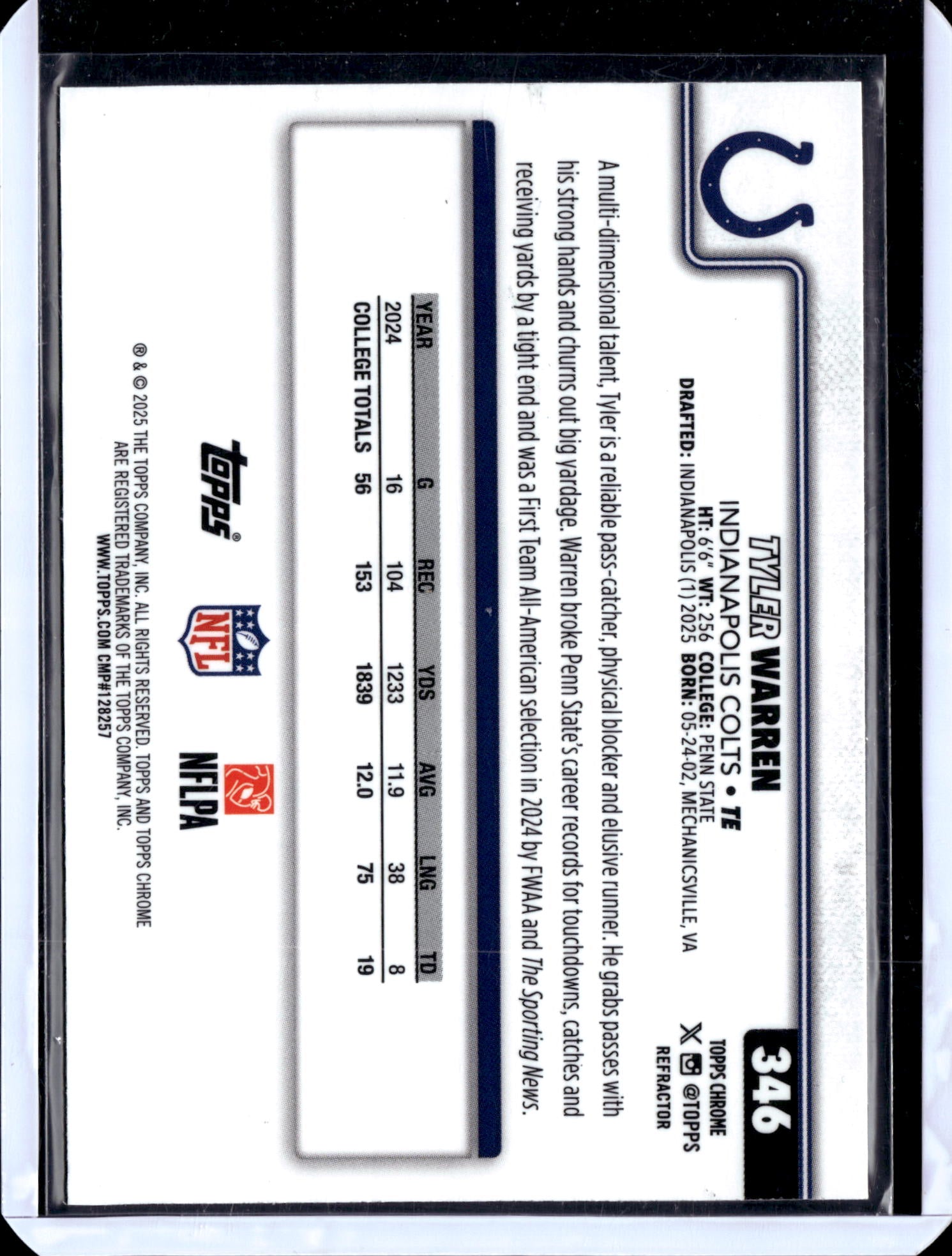 2025 Topps Chrome Tyler Warren #346 Refractor RC