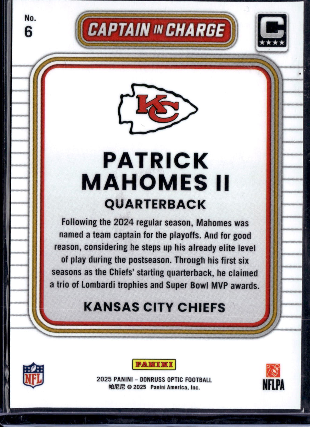 2025 Panini Donruss Optic Captain In Charge Patrick Mahomes II #6