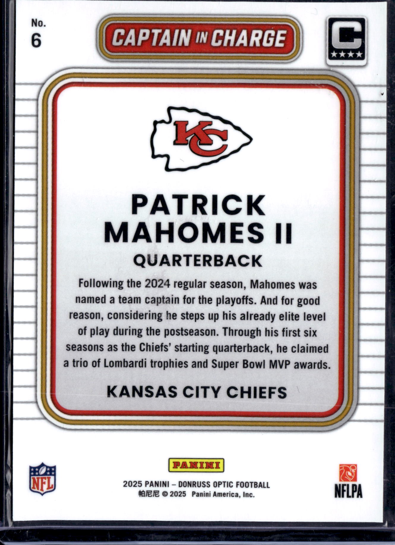 2025 Panini Donruss Optic Captain In Charge Patrick Mahomes II #6