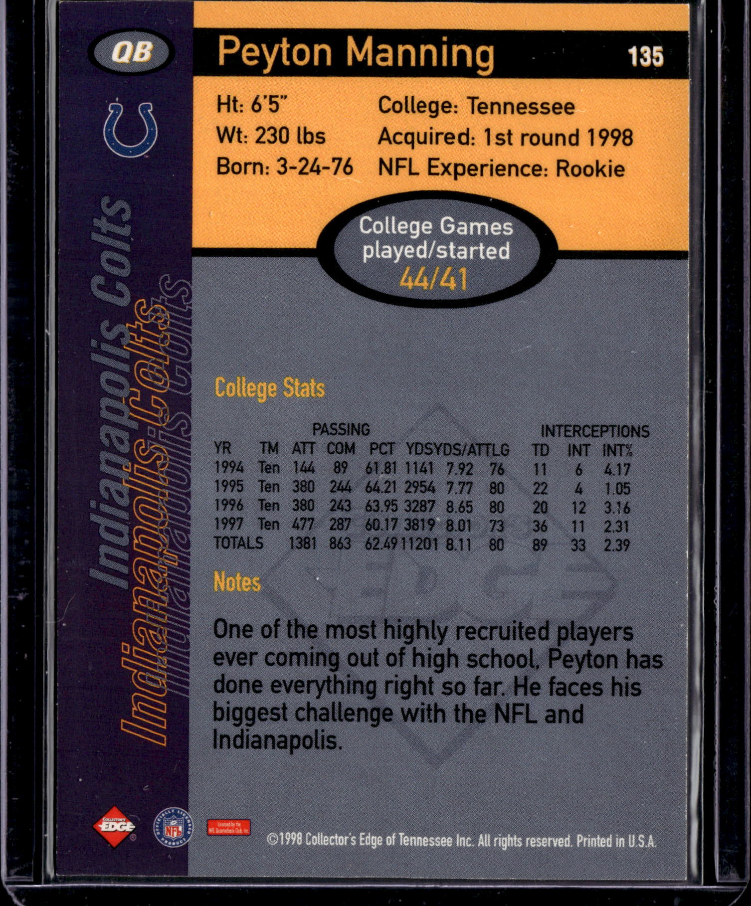 1998 Collector's Edge First Place Peyton Manning #135