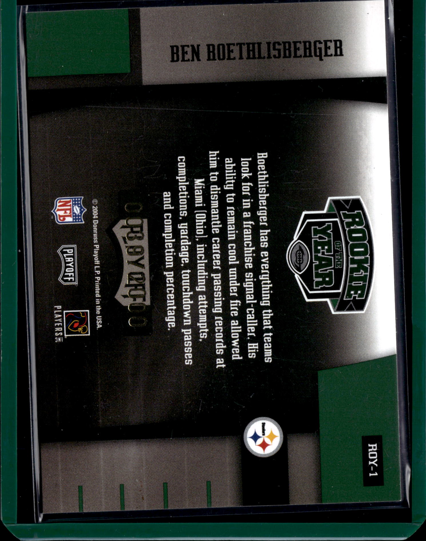 2004 Donruss Playoff Contenders Rookie of the Year Ben Roethlisberger  39/2000