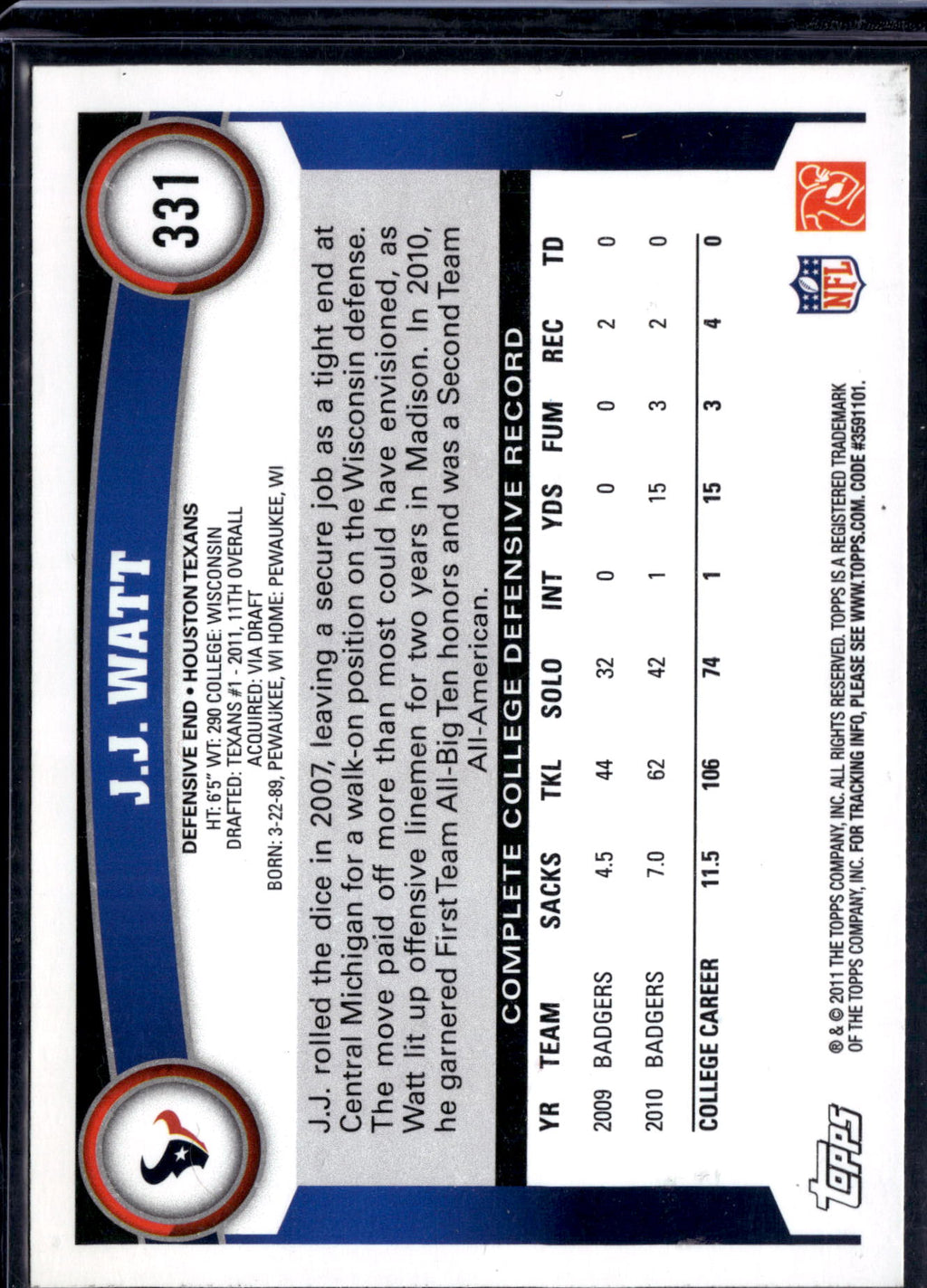 2011 Topps J.J. Watt #331 RC