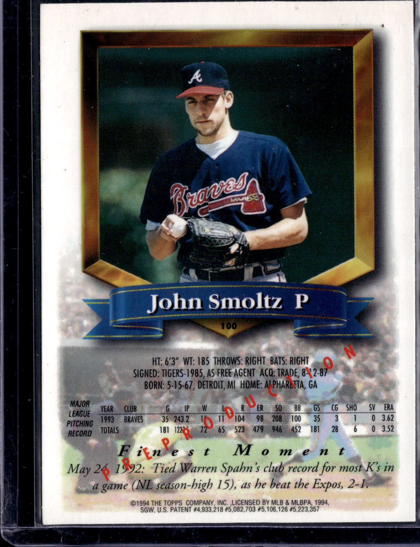 1994 Topps Finest John Smoltz #100 Refractor