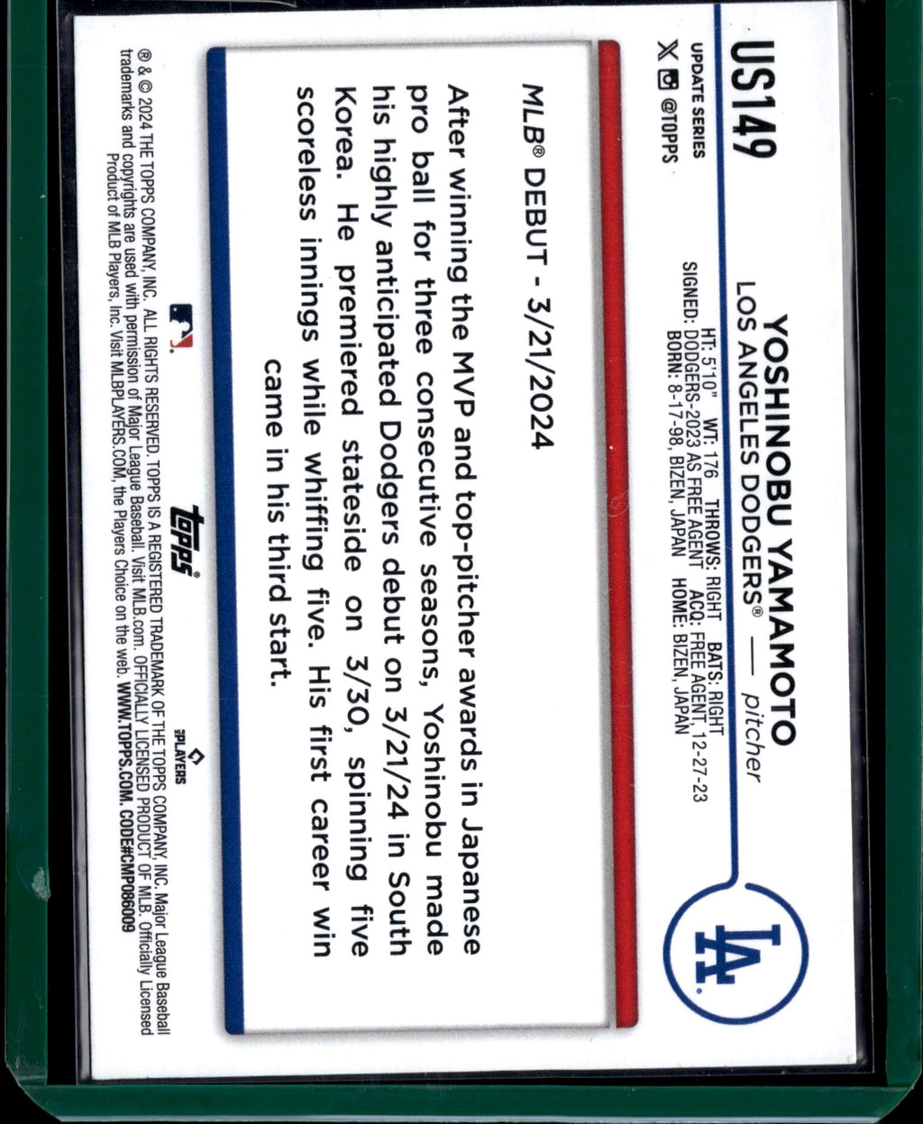 2024 Topps Update Series Yoshinobu Yamamoto #US149 Rookie