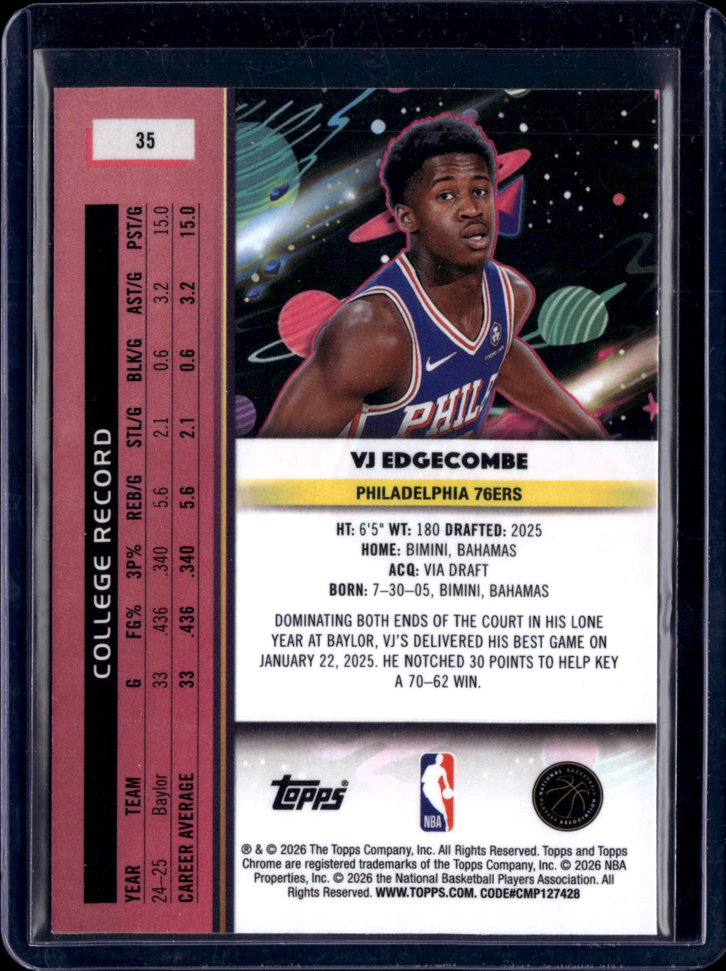 2026 Topps Chrome Cosmic VJ Edgecombe #35