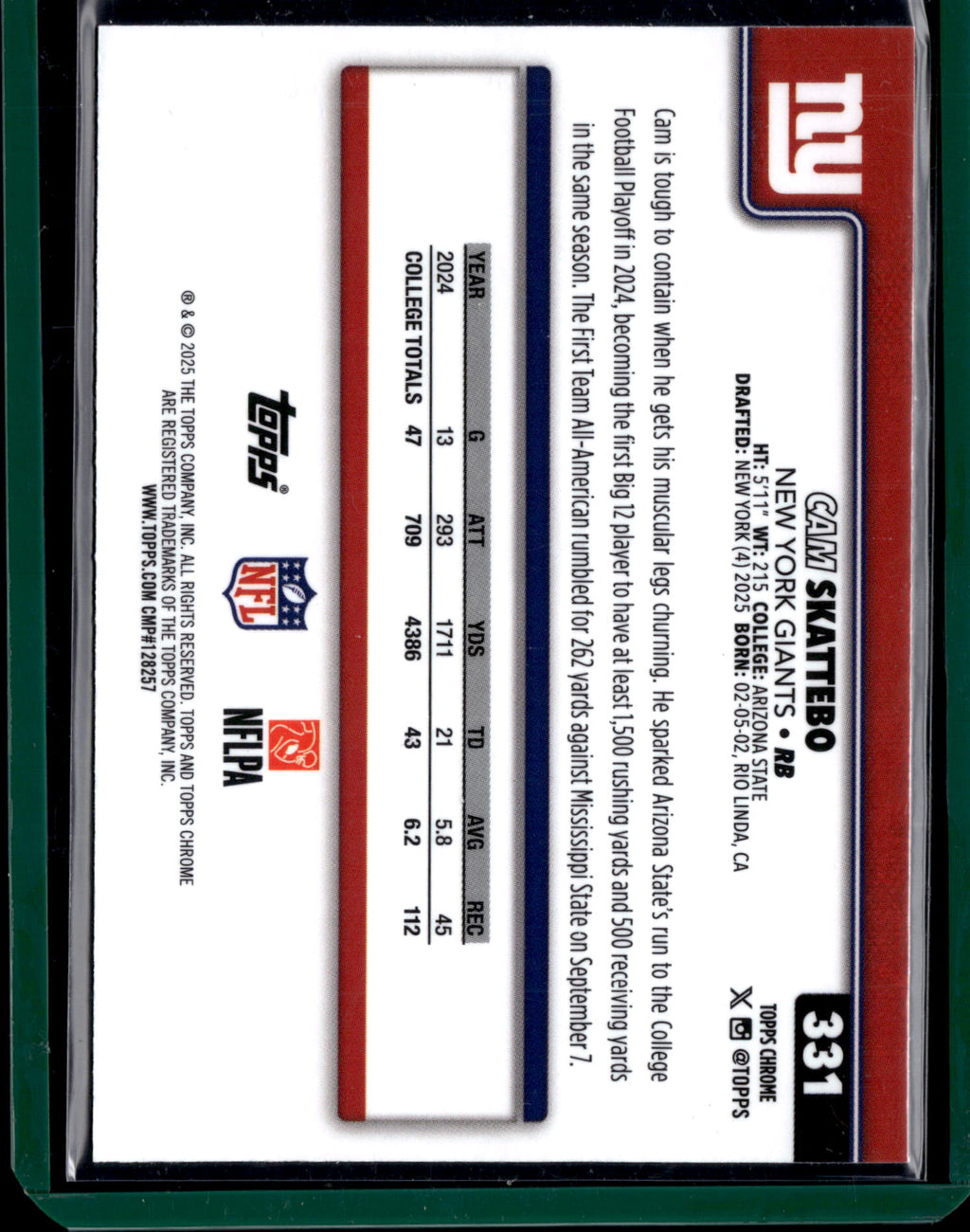 2025 Topps Chrome Cam Skattebo #331 RC