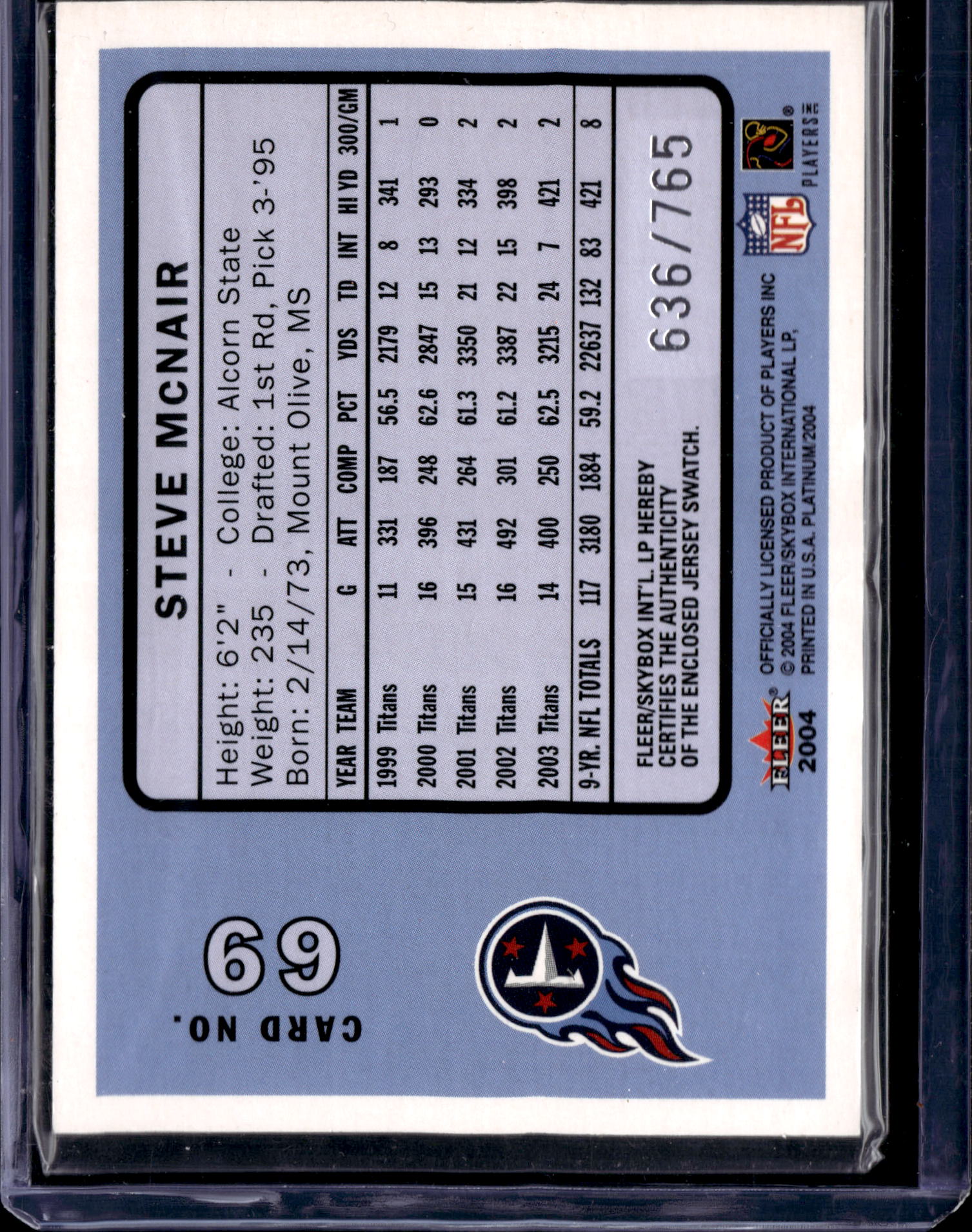 2004 Fleer Platinum Steve McNair #69 /765 Authentic Game-Worn Jersey