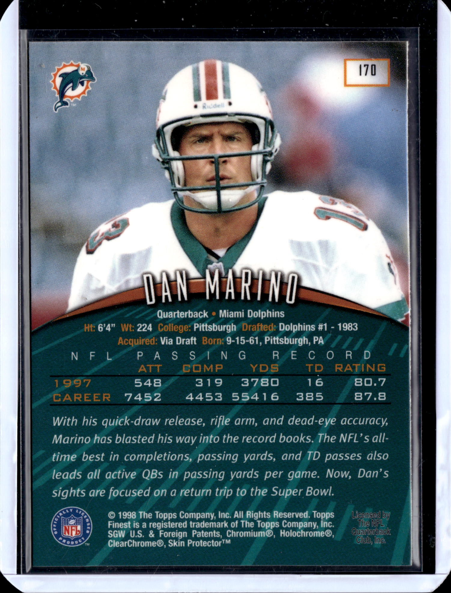 1998 Topps Finest Dan Marino #170 Refractor