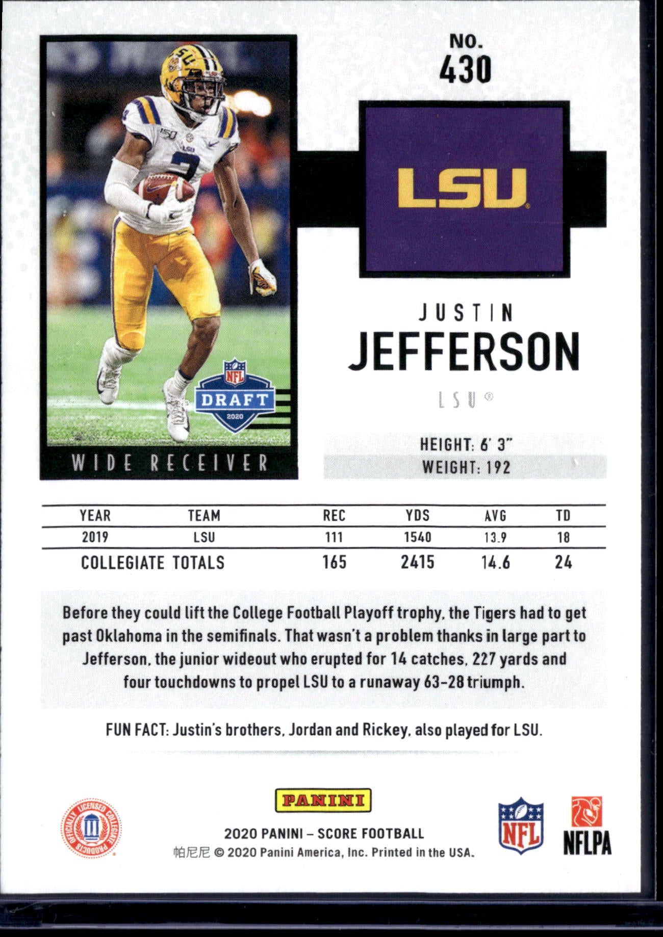 2020 Panini Score Justin Jefferson #430 RC