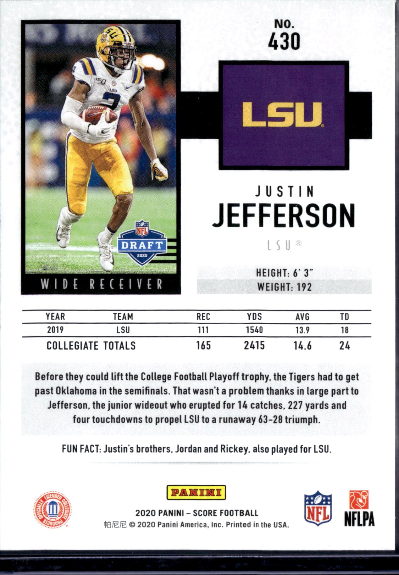 2020 Panini Score Football Justin Jefferson #430 RC