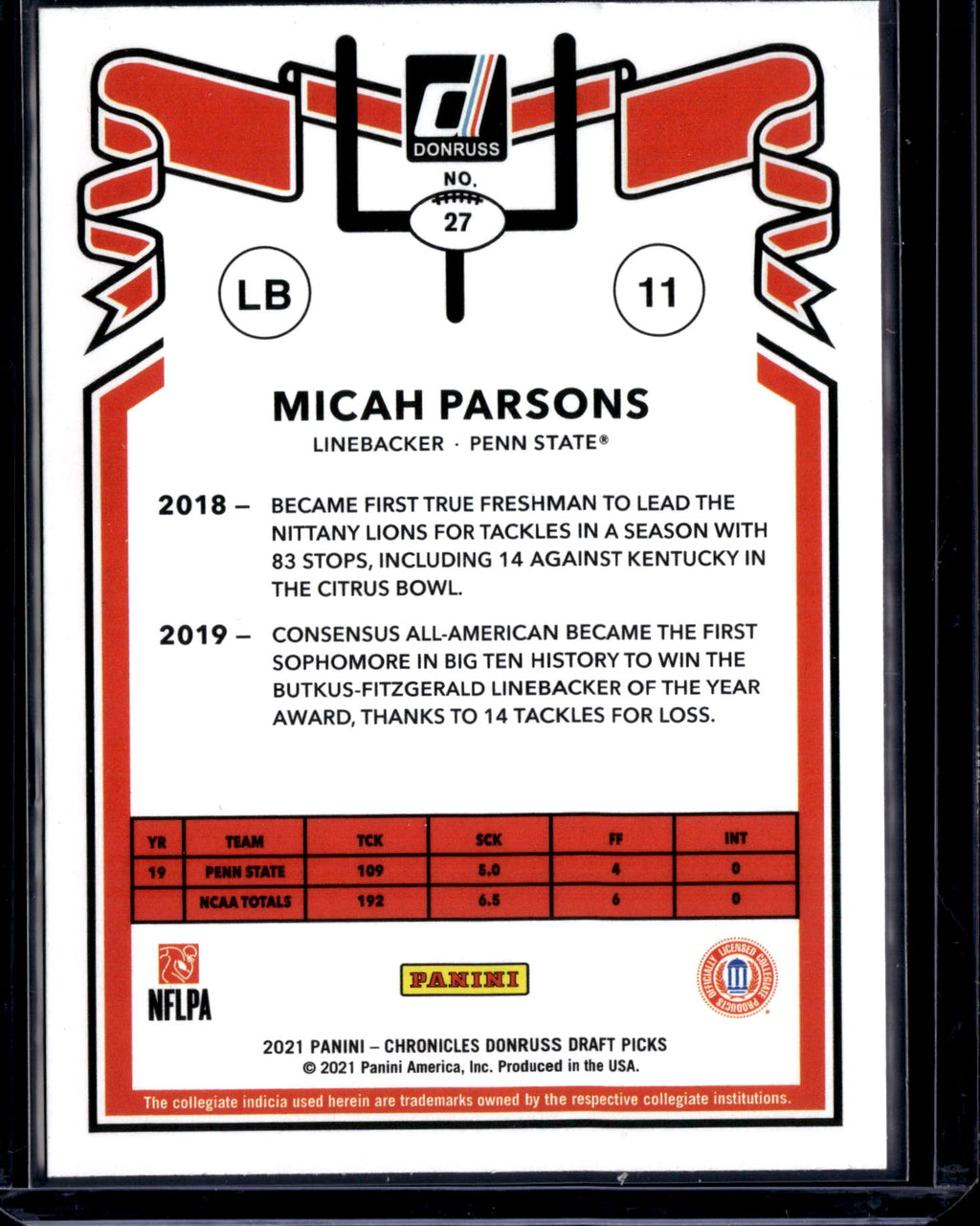 2021 Panini Chronicles Draft Picks Donruss Micah Parsons #27 RC