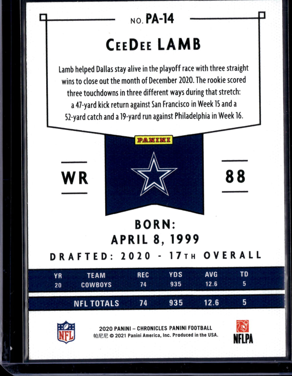 2021 Panini Chronicles Panini CeeDee Lamb #PA-14 RC