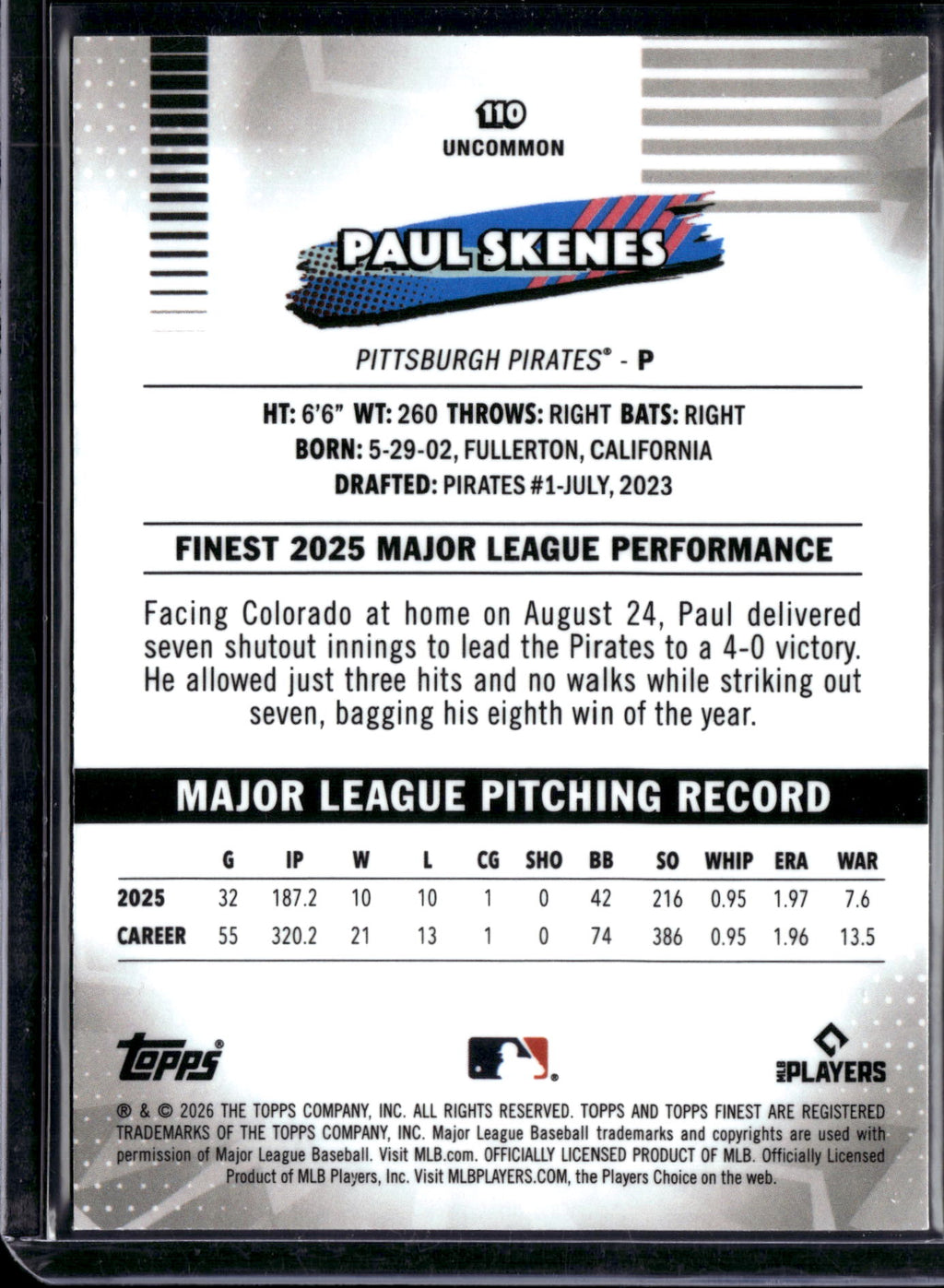 2025 Topps Finest Paul Skenes #110 Yellow Refractor /275