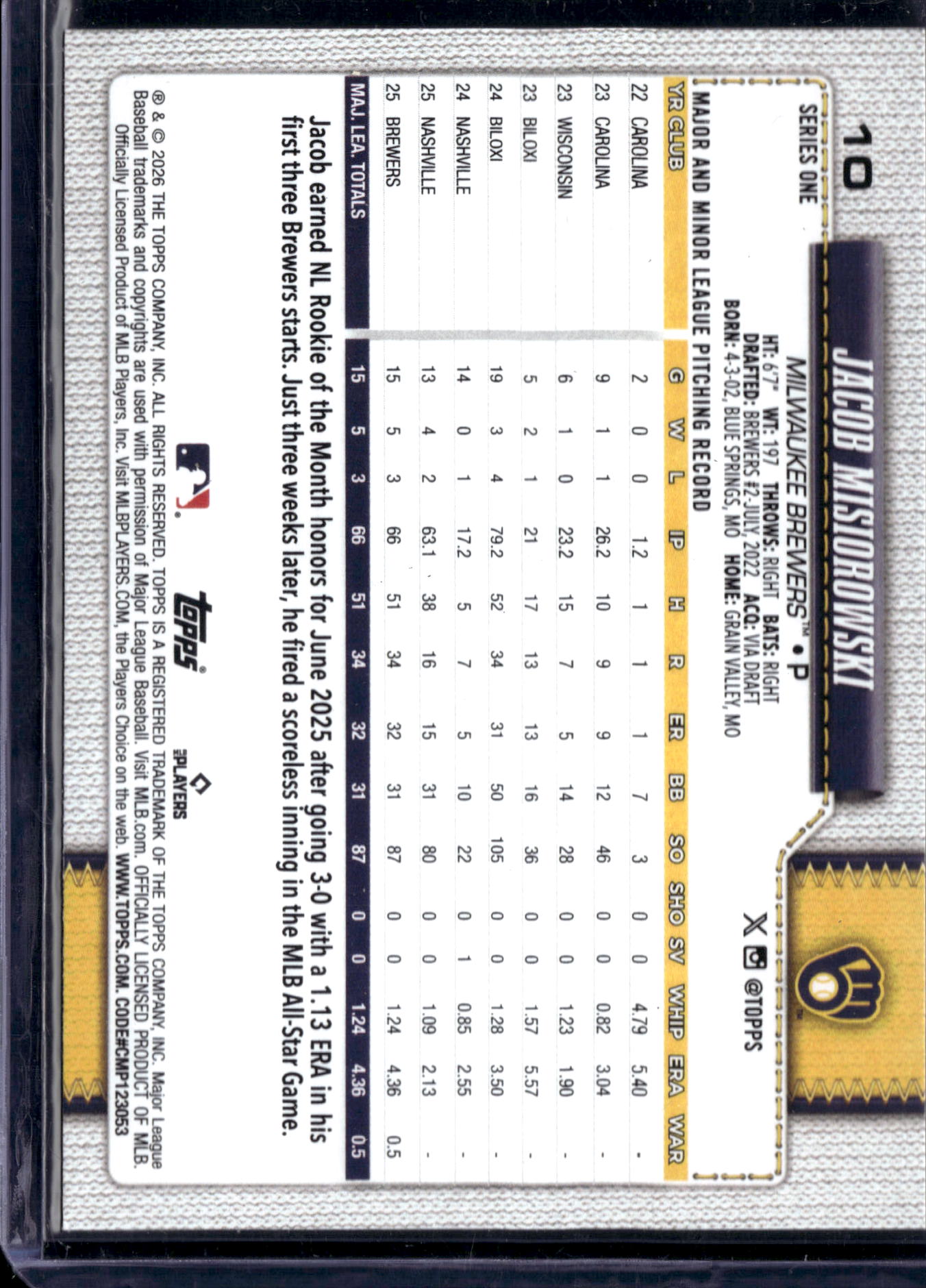 2026 Topps Series One Jacob Misiorowski #10 RC