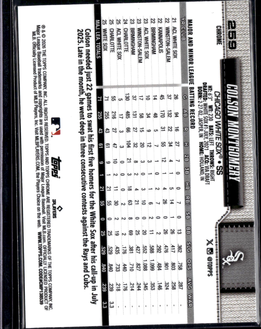 2024 Topps Chrome Colson Montgomery #259 Pink /250 RC