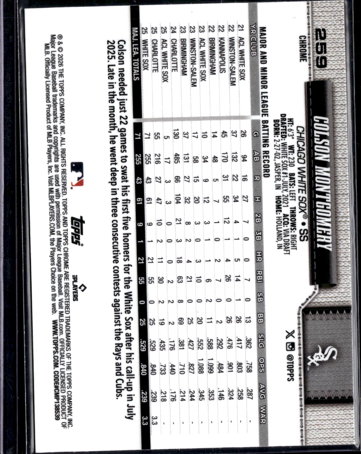 2024 Topps Chrome Colson Montgomery #259 Pink /250 RC
