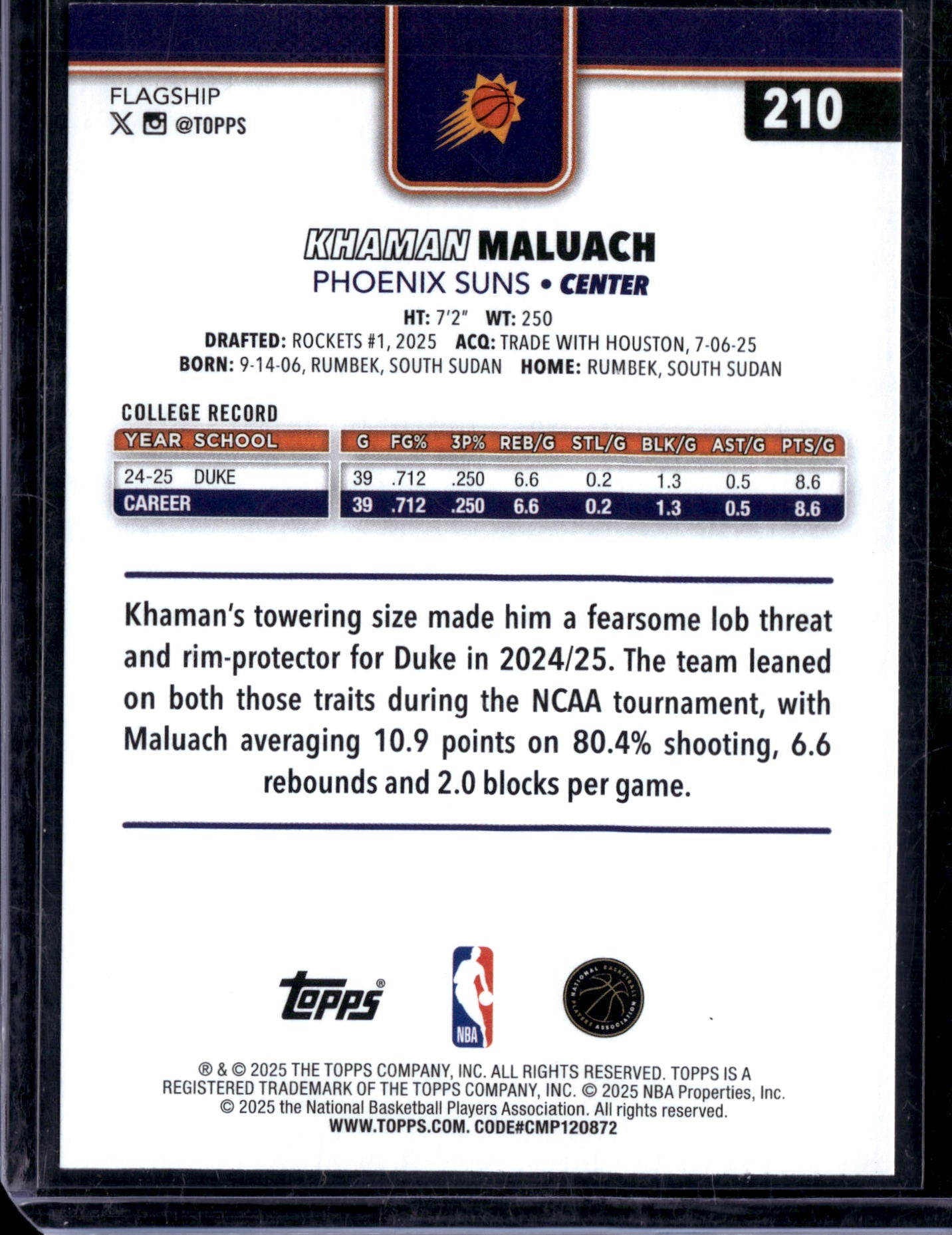 2025 Topps Flagship Khaman Maluach #210 RC
