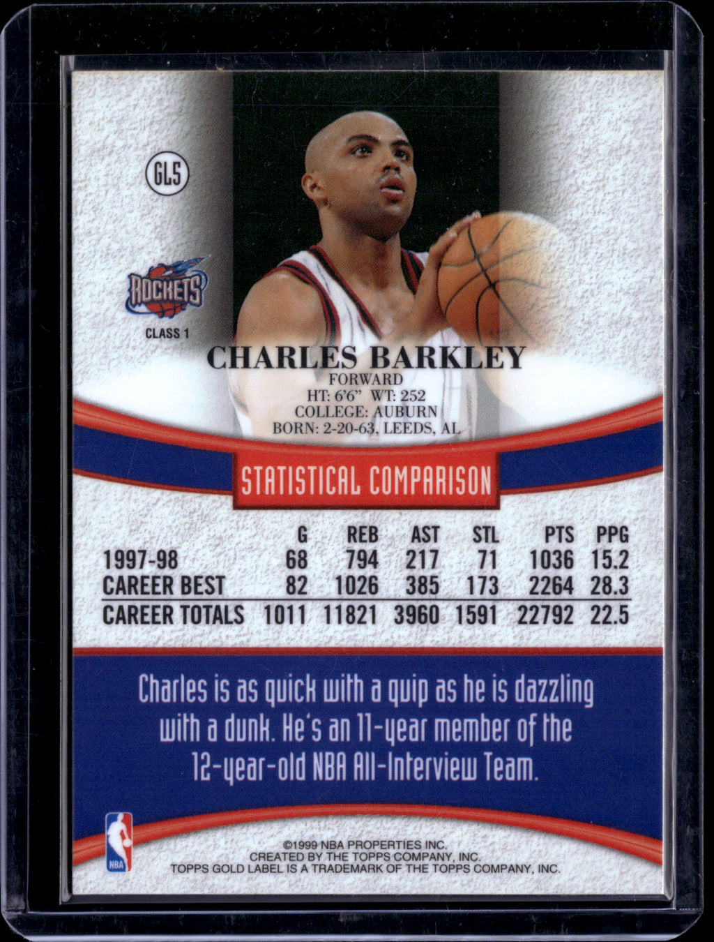 1999 Topps Gold Label Charles Barkley #GL5 Class