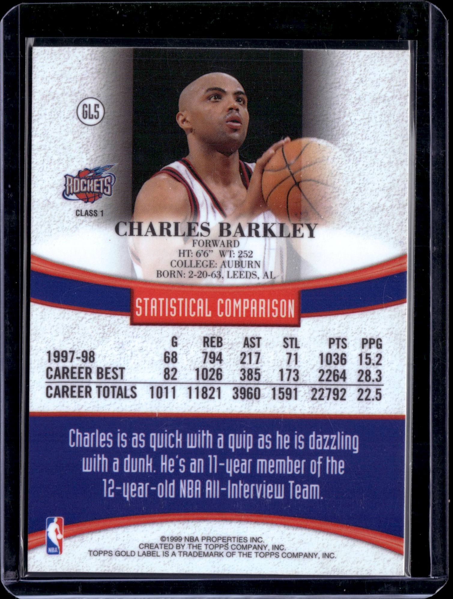 1999 Topps Gold Label Class 1 Charles Barkley #GL5