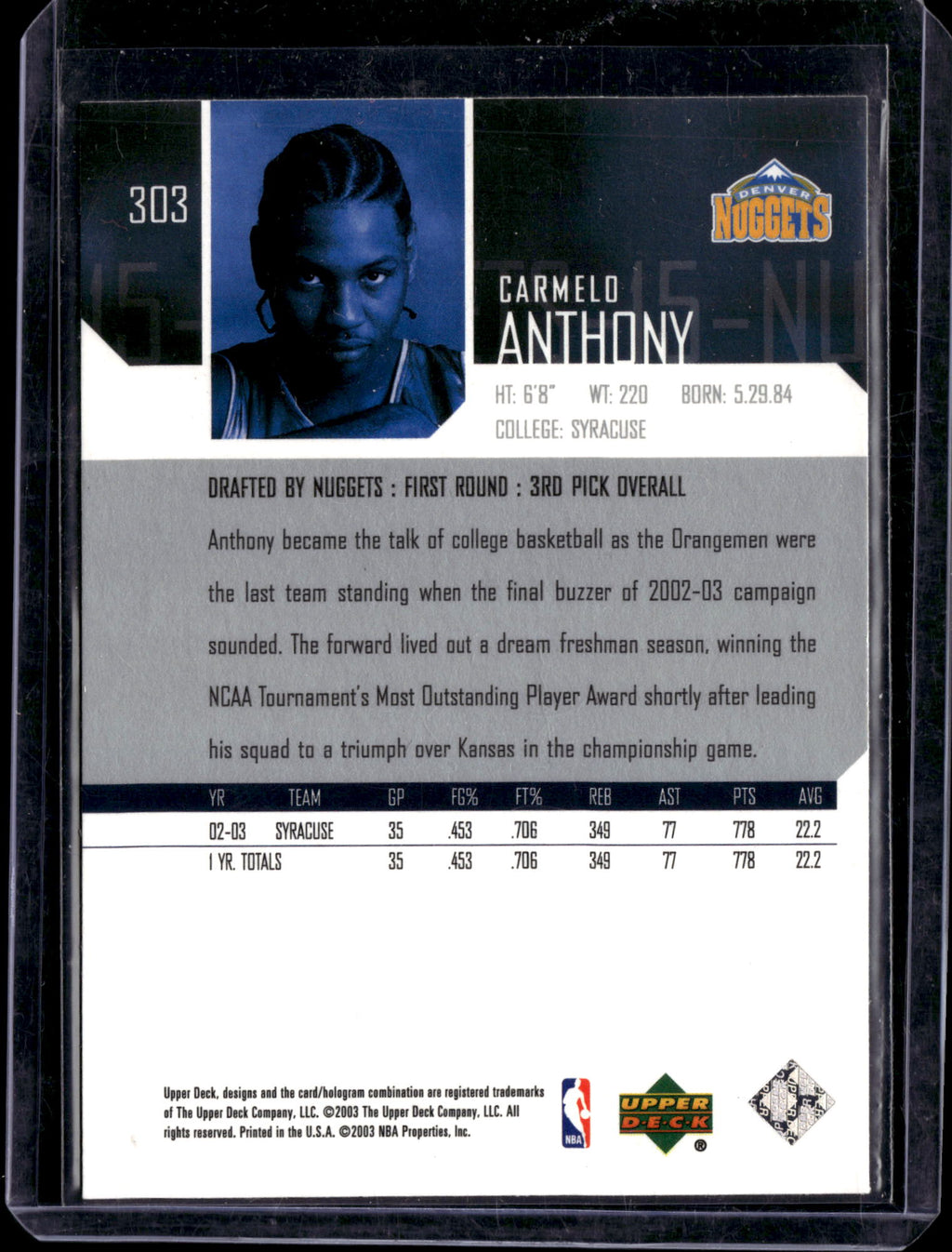 2003 Upper Deck Carmelo Anthony #303