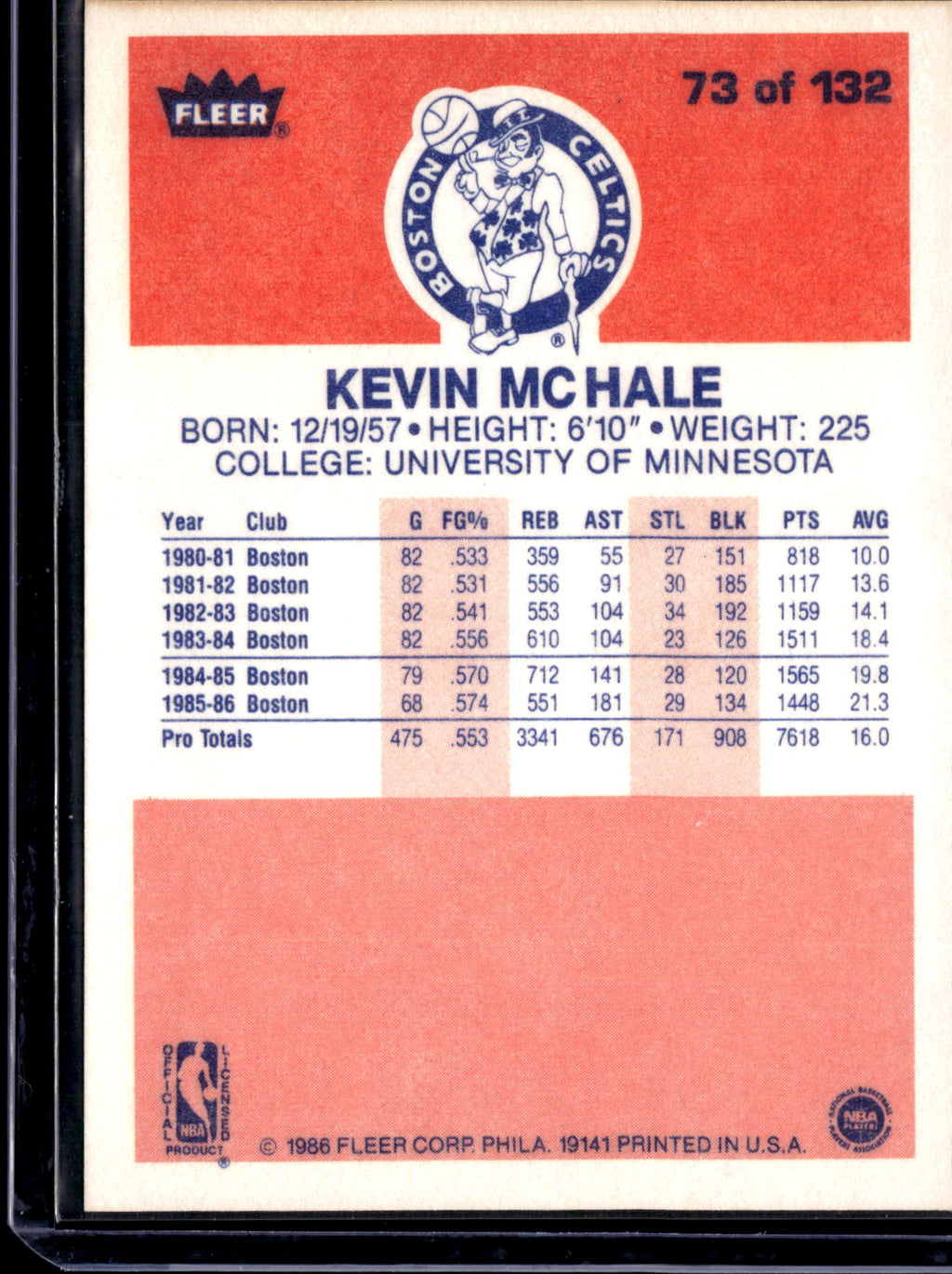 1986 Fleer Premier Kevin McHale #73