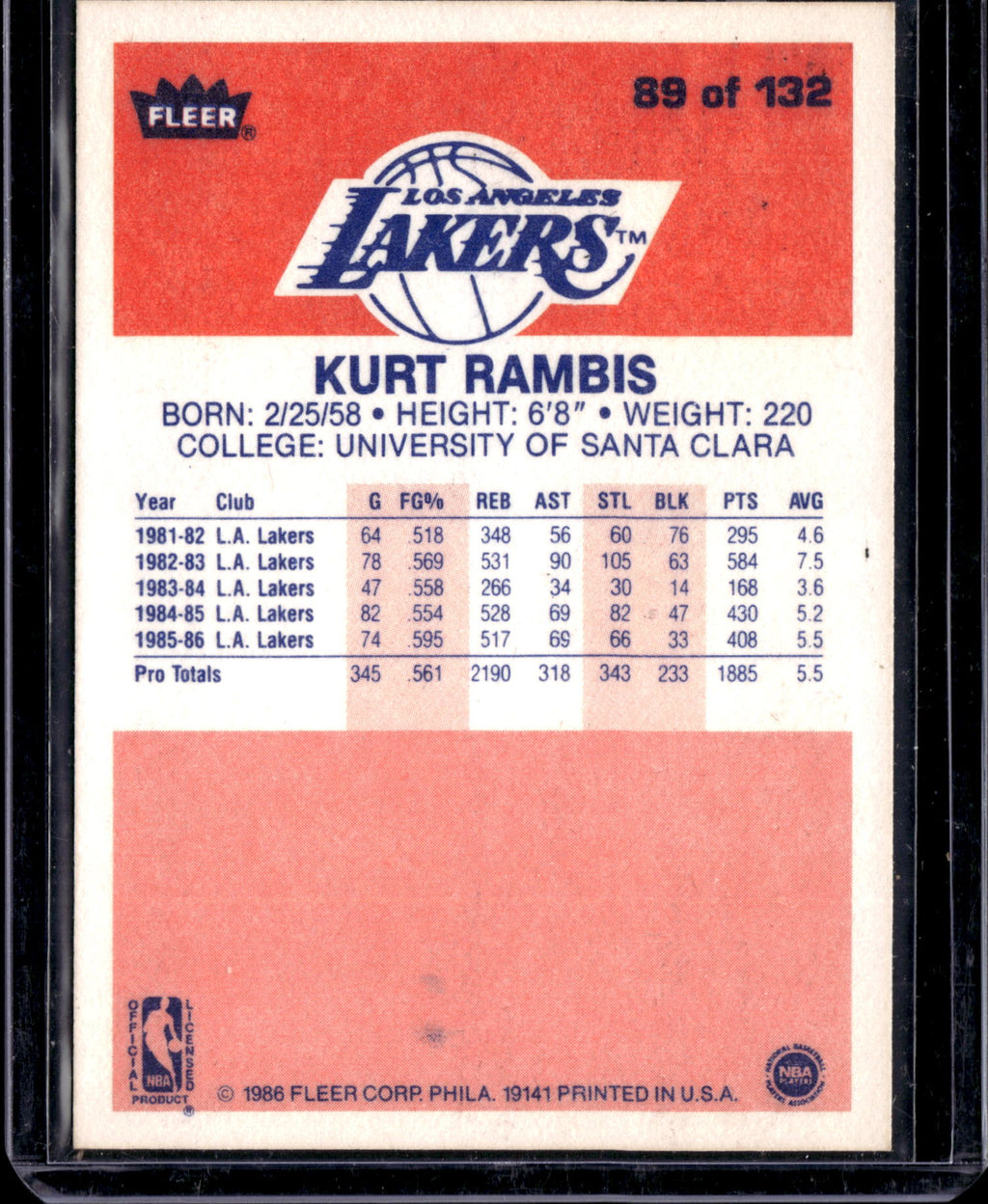 1986 Fleer Premier Kurt Rambis #89
