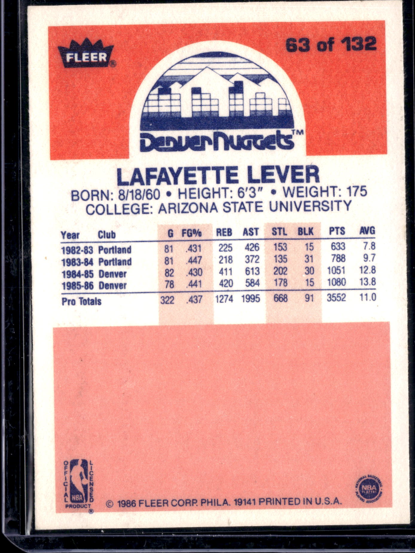 1986 Fleer Premier Lafayette Lever #63