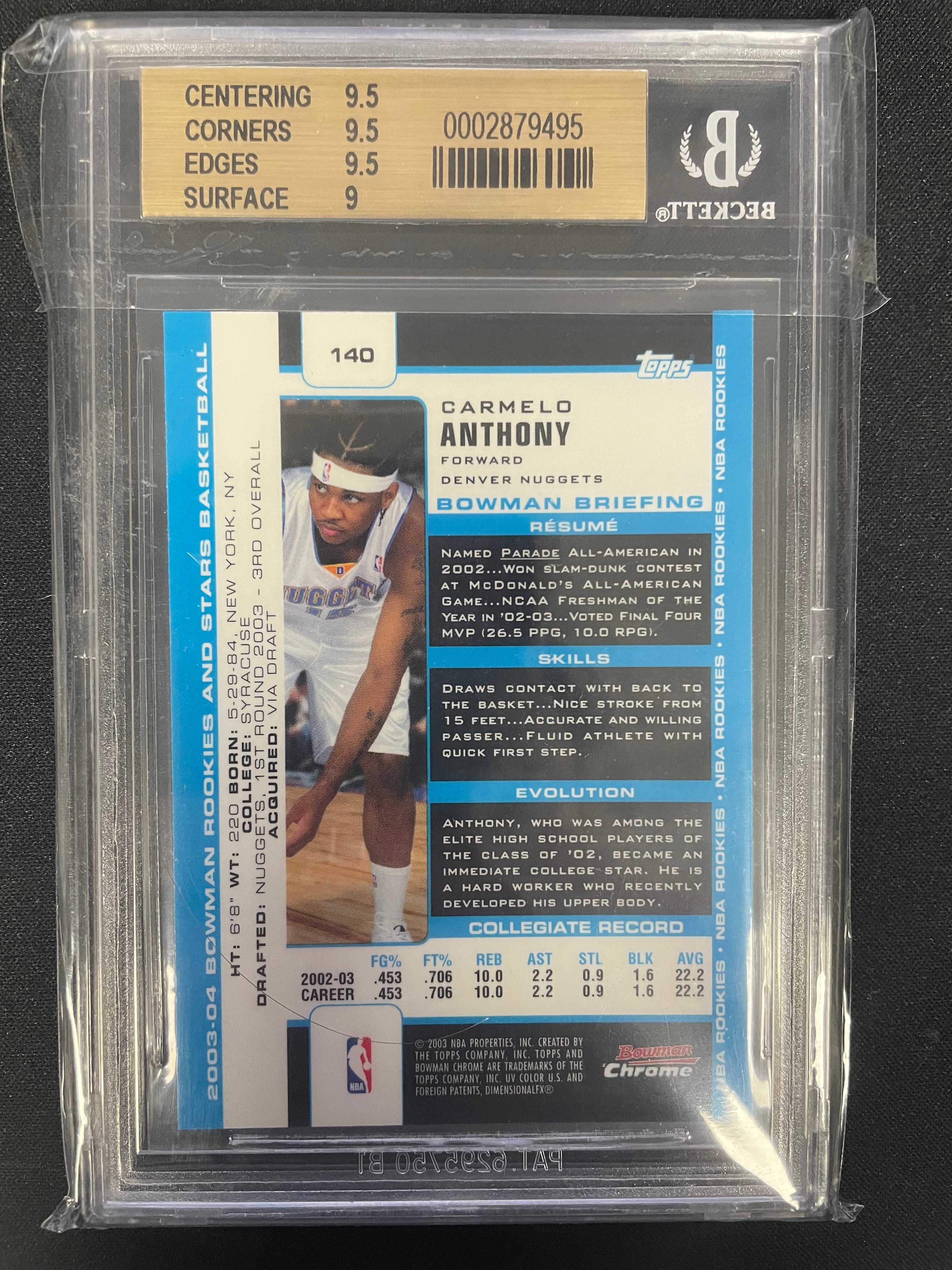 2003 Bowman Chrome Carmelo Anthony #140 BGS 9.5