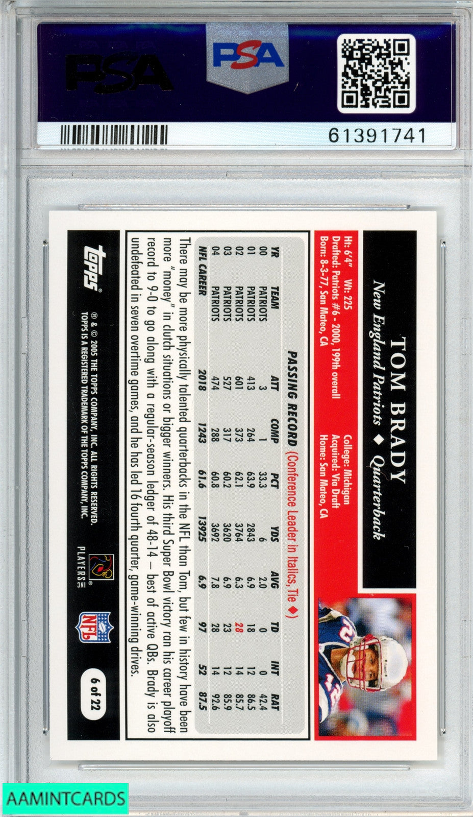 2005 TOPPS TOM BRADY #6 TURN BACK THE CLOCK TURN BACK THE CLOCK MINT 9