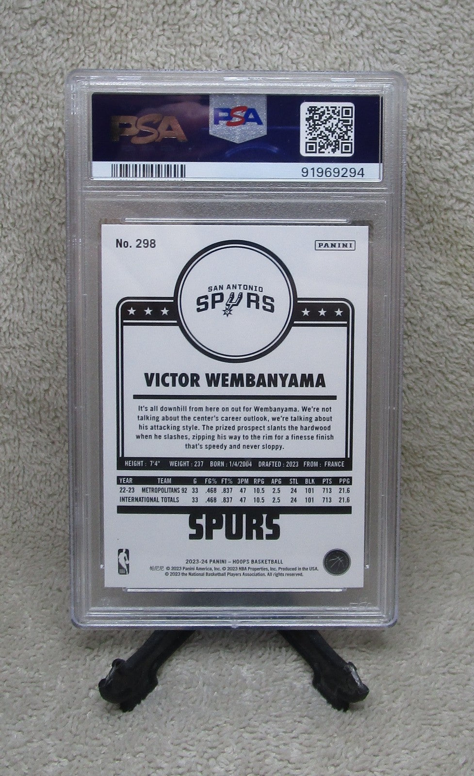2023 Panini Victor Wembanyama #298 Panini NBA Hoops Purple Parallel RC PSA 9