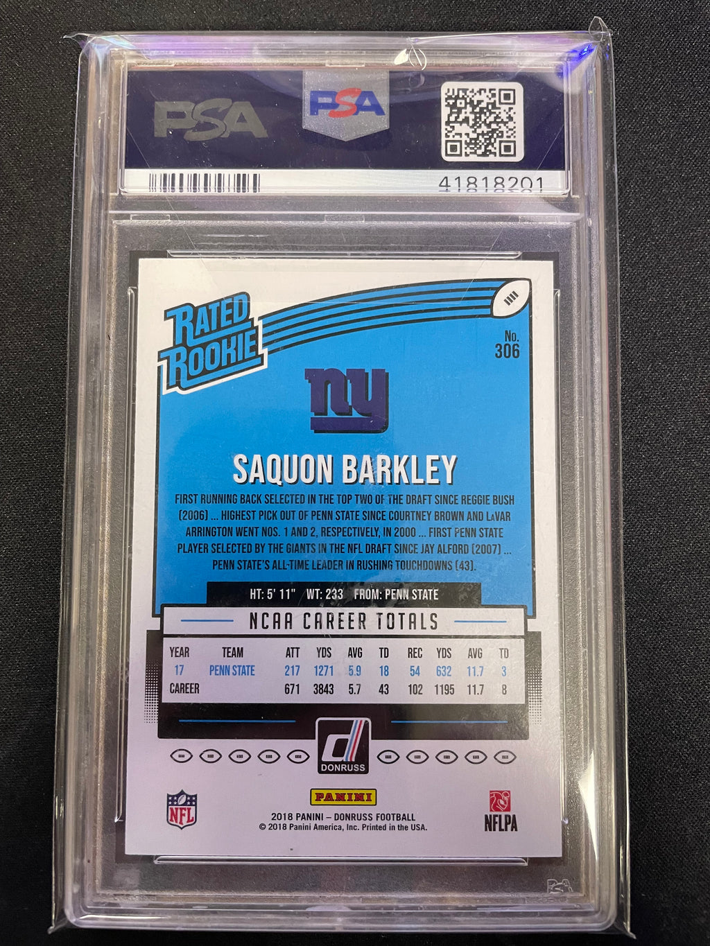 2018 Panini Donruss Saquon Barkley #306 PSA 9
