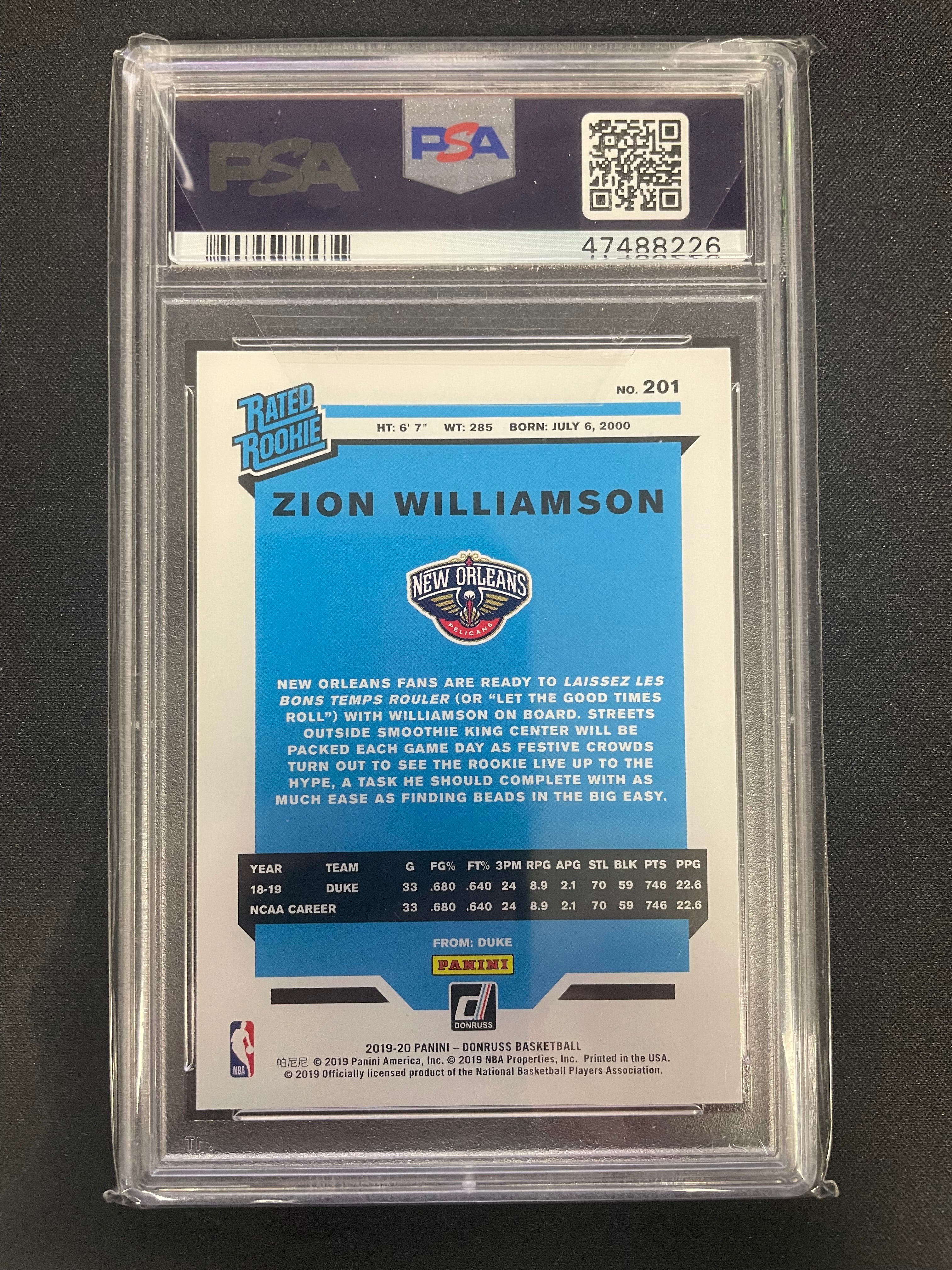 2019 Panini Donruss Zion Williamson #201 PSA 9