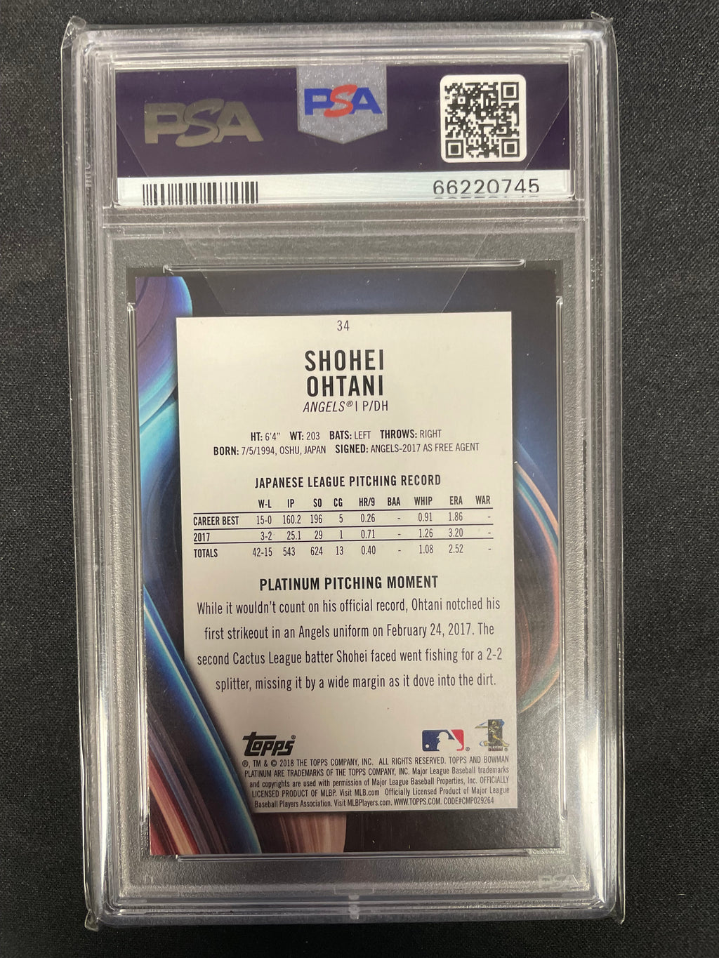 2018 Bowman Platinum Shohei Ohtani #34 With Glove Blue PSA 8