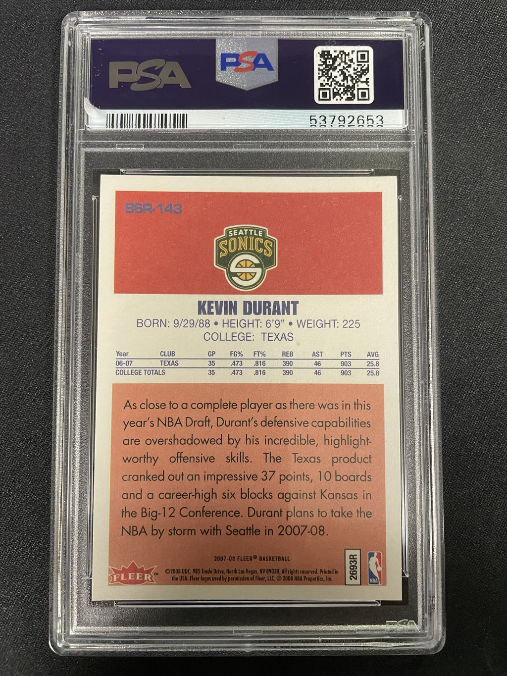 2007 Fleer '86 Retro Rookies Kevin Durant #143 PSA 10