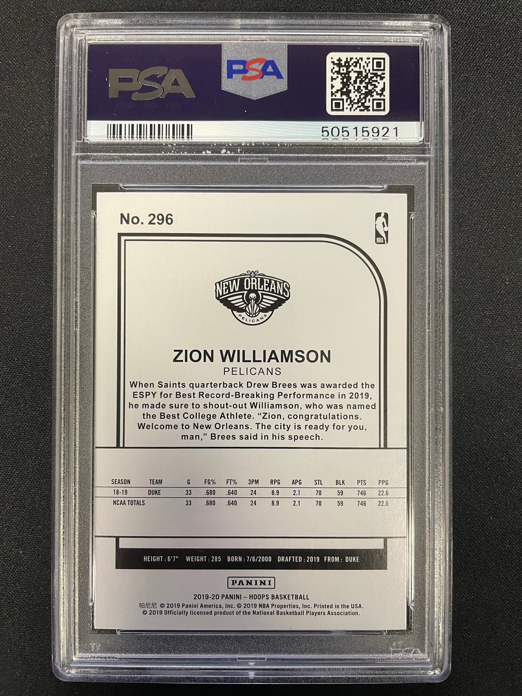 2019 Panini Hoops Zion Williamson #296 PSA 10