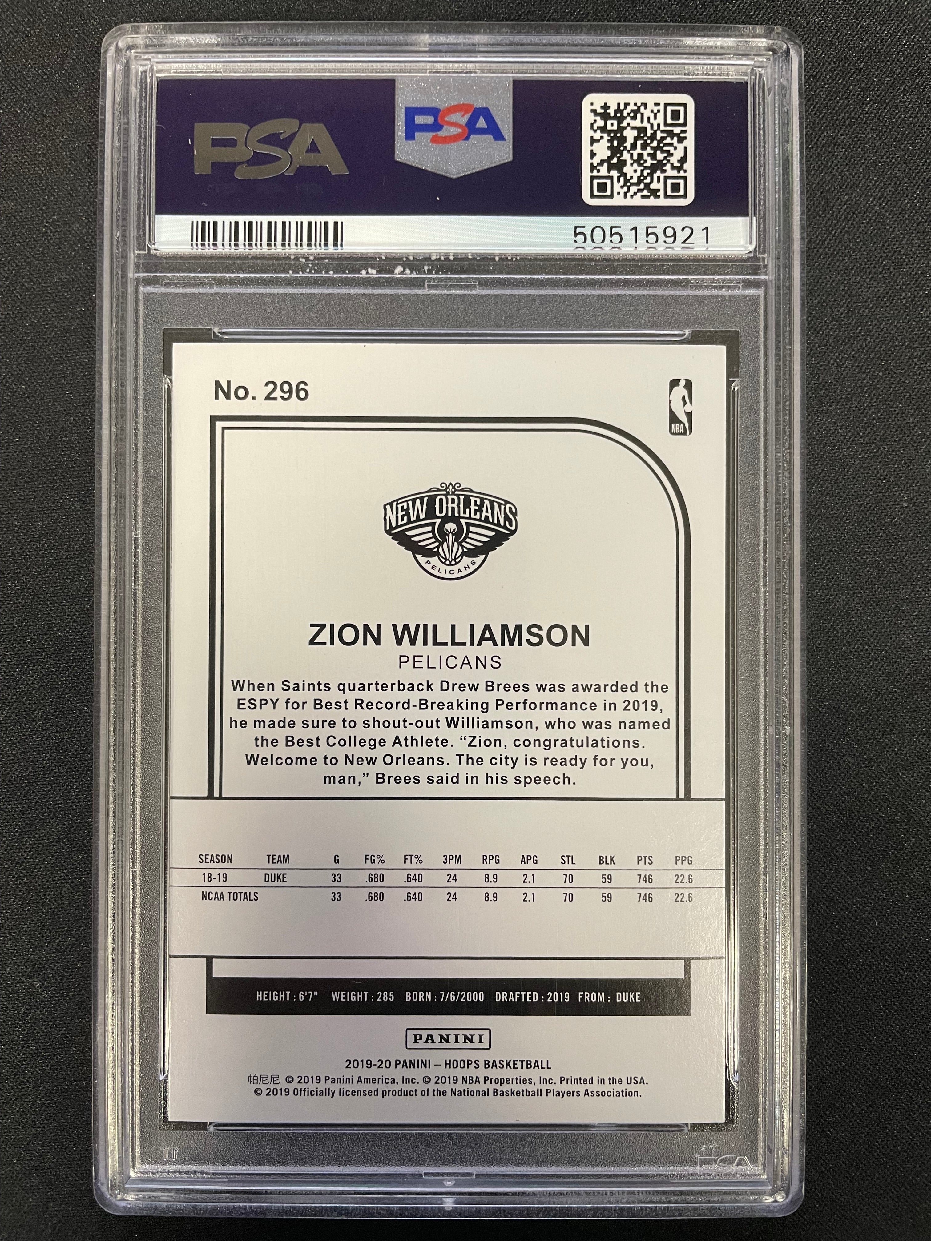 2019 Panini Hoops Zion Williamson #296 PSA 10