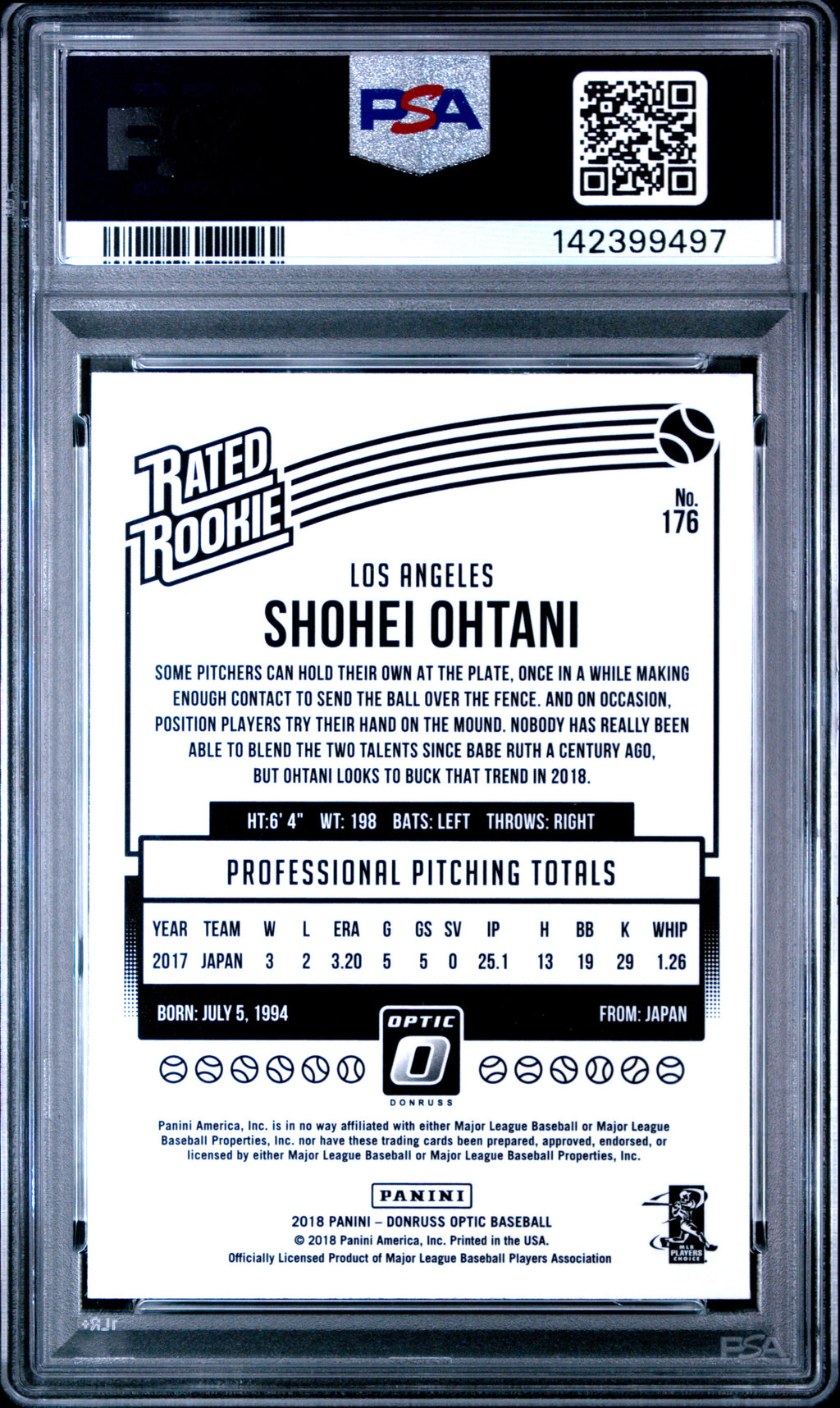 2018 Panini Donruss Optic Shohei Ohtani #176 PSA 9