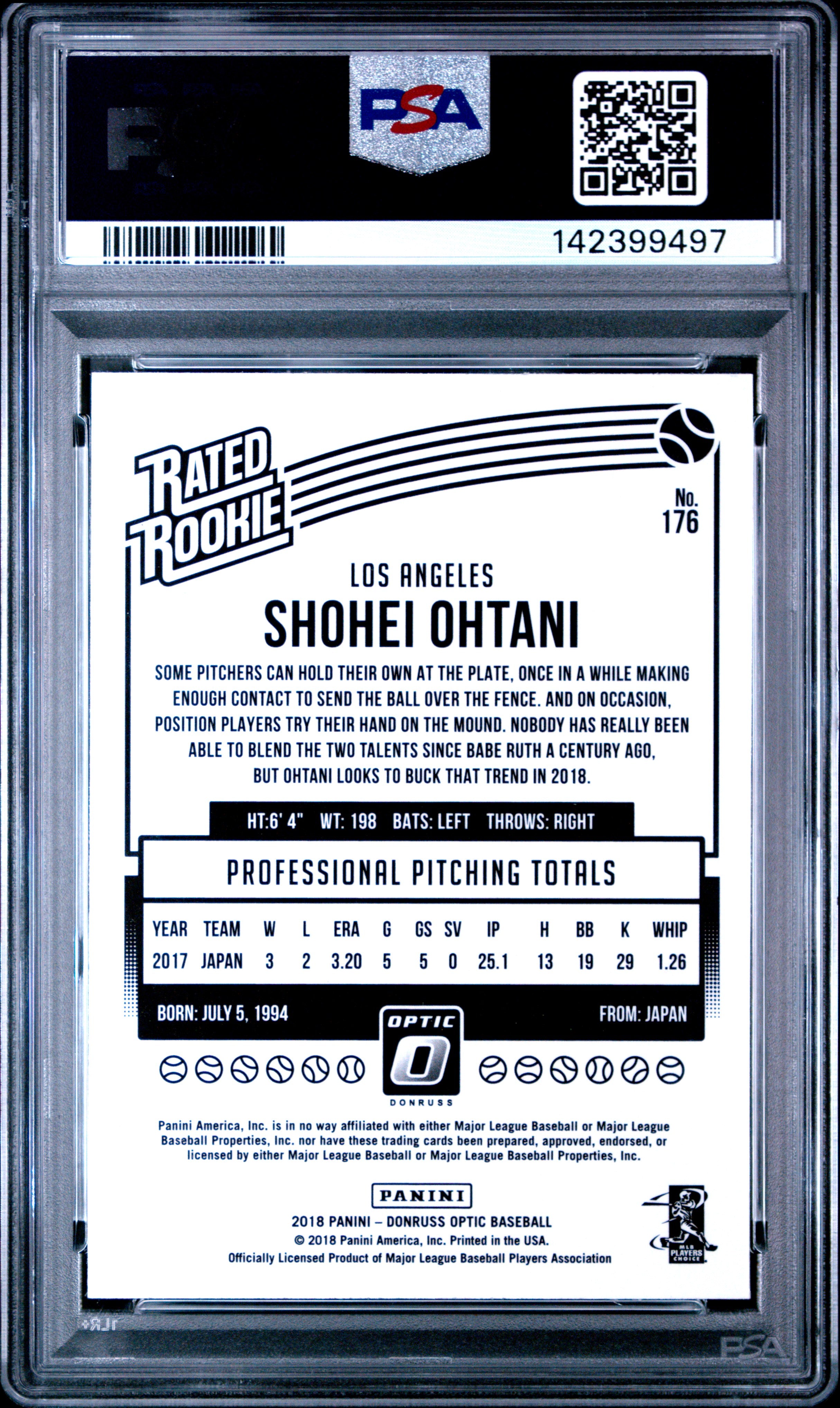 2018 Panini Donruss Optic Shohei Ohtani #176 PSA 9