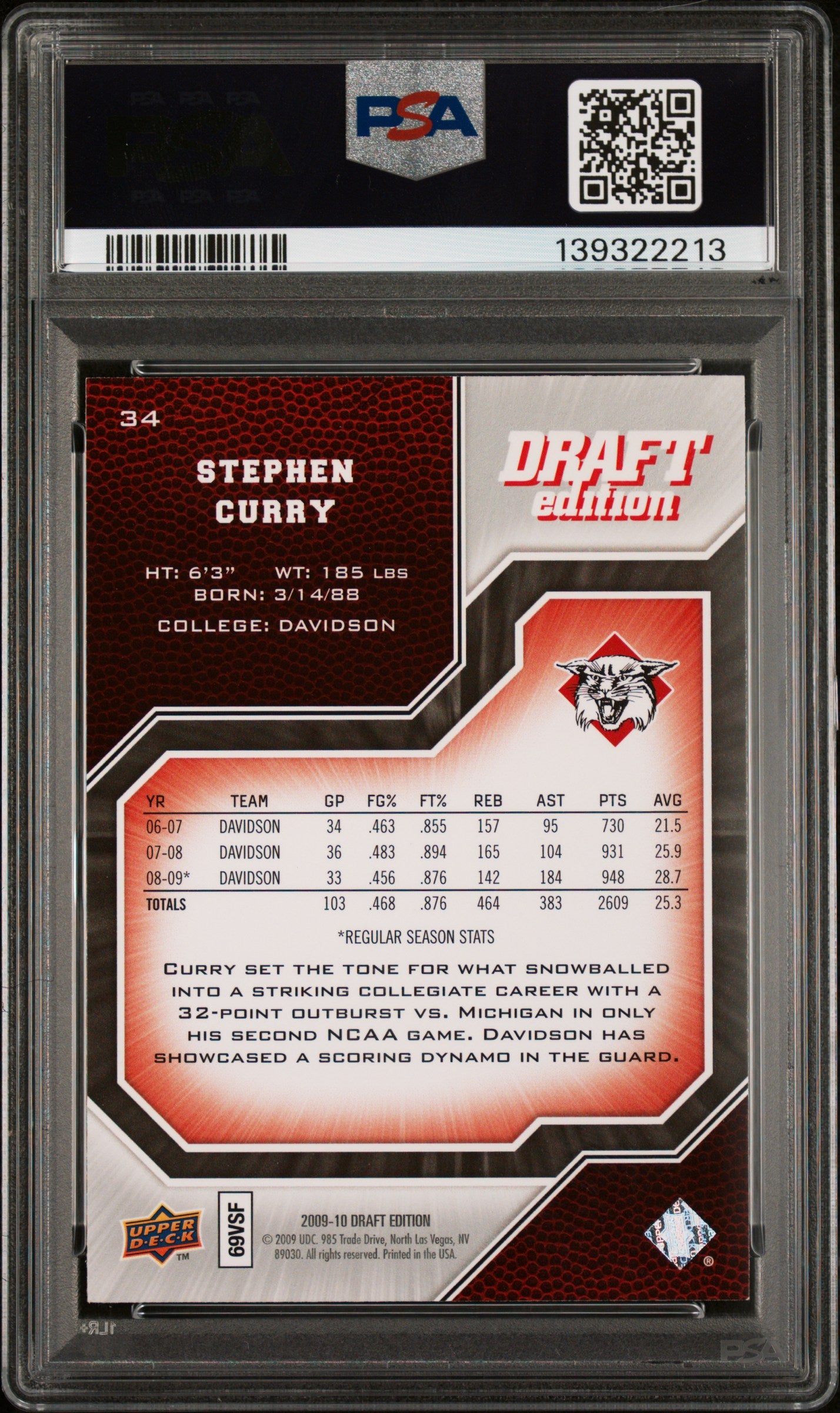 2009 Upper Deck Draft Edition Stephen Curry #34 PSA 9