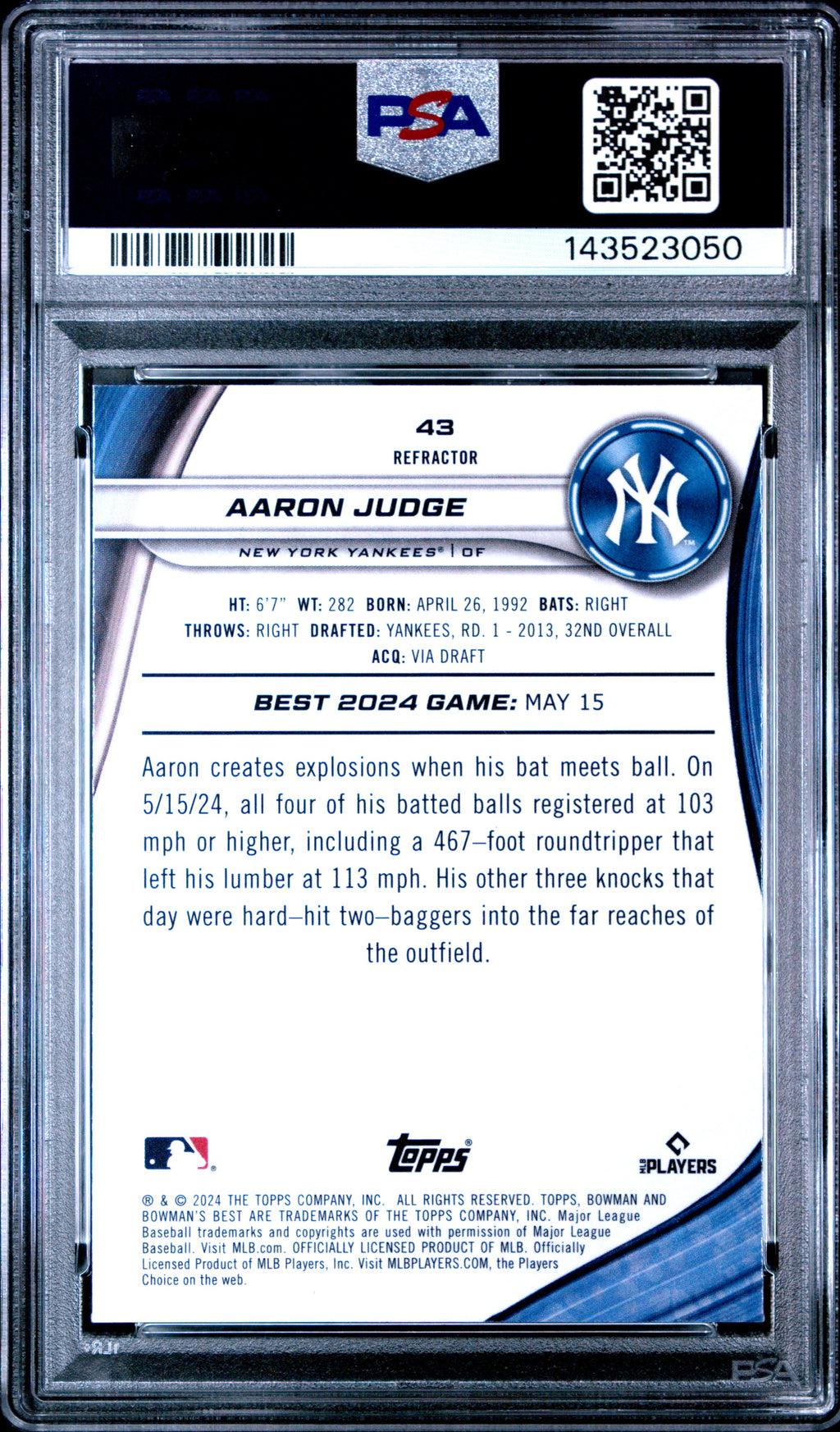 2024 Bowman's Best Aaron Judge #43 Refractor PSA 9