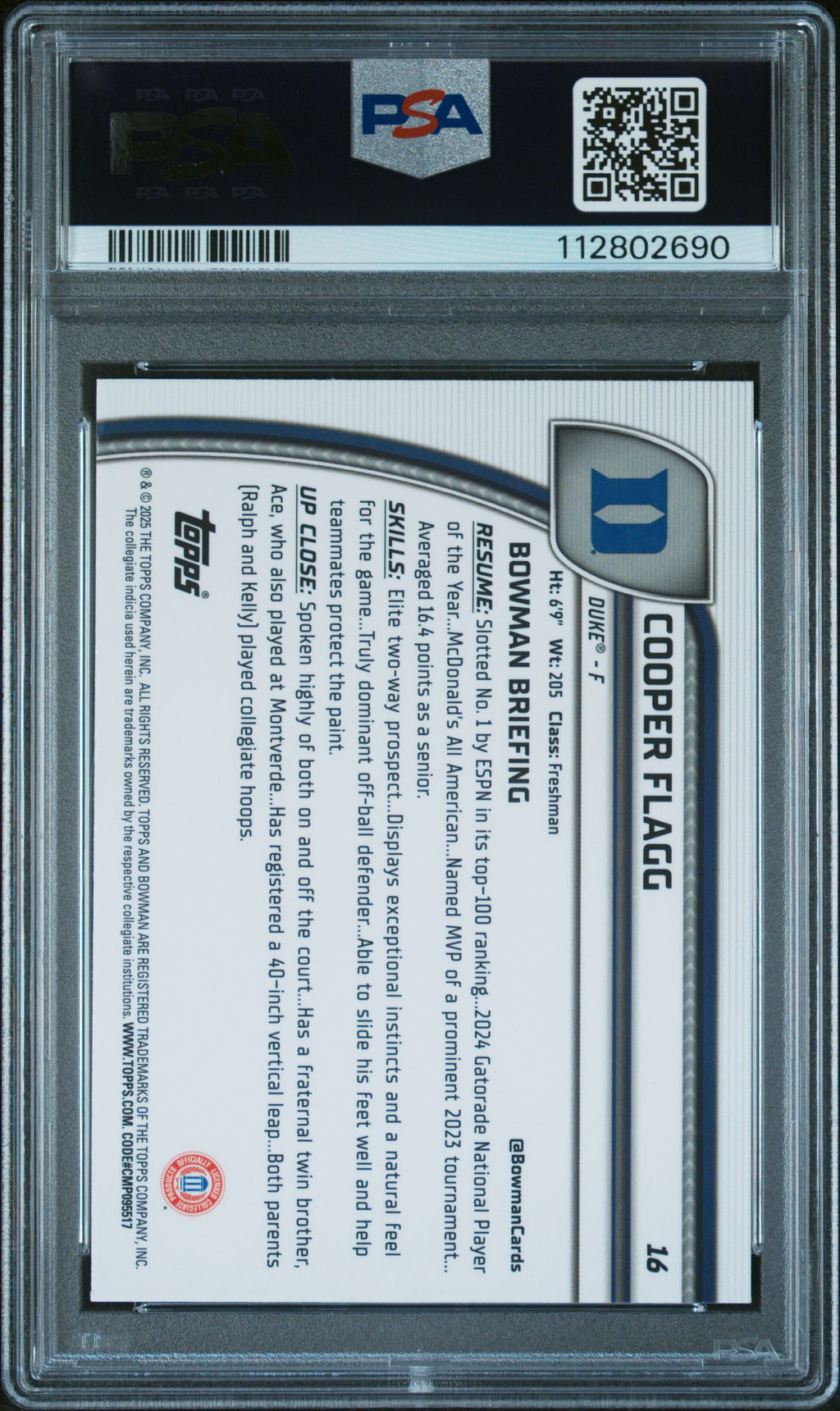 2024 Bowman Chrome University Cooper Flagg #16 PSA 10