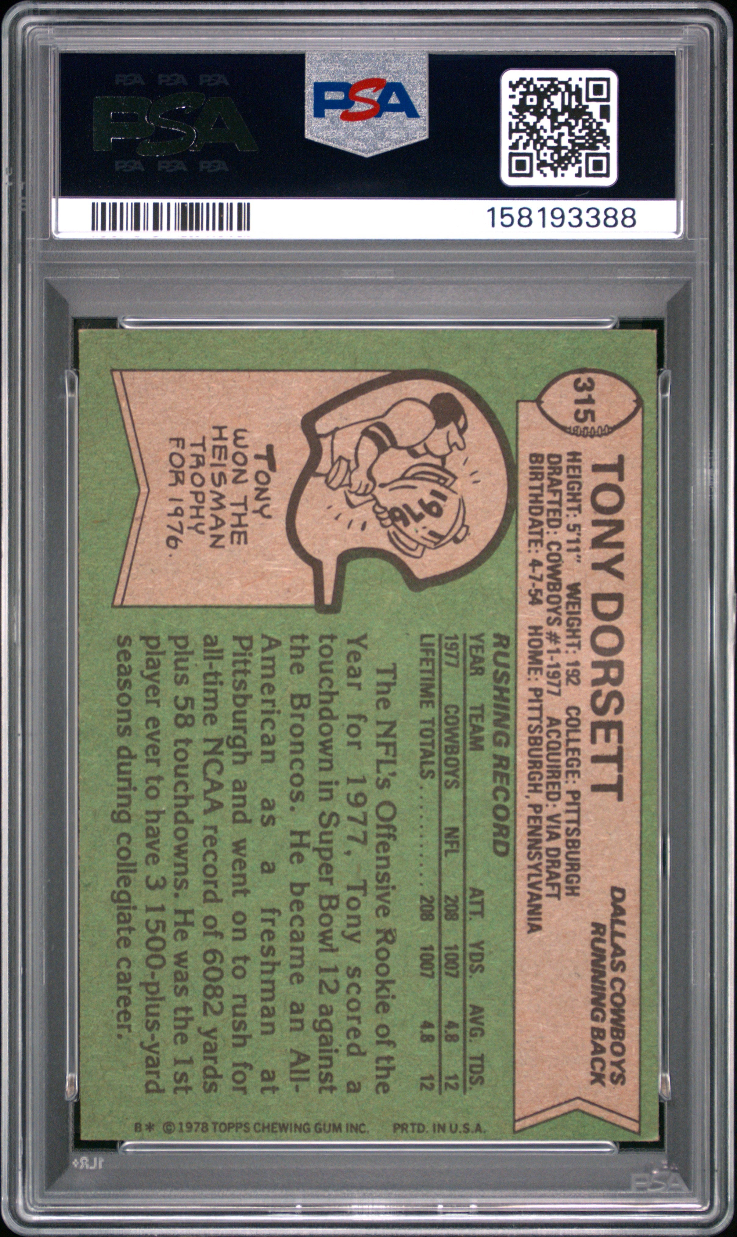 1978 Topps Tony Dorsett #315 PSA 6