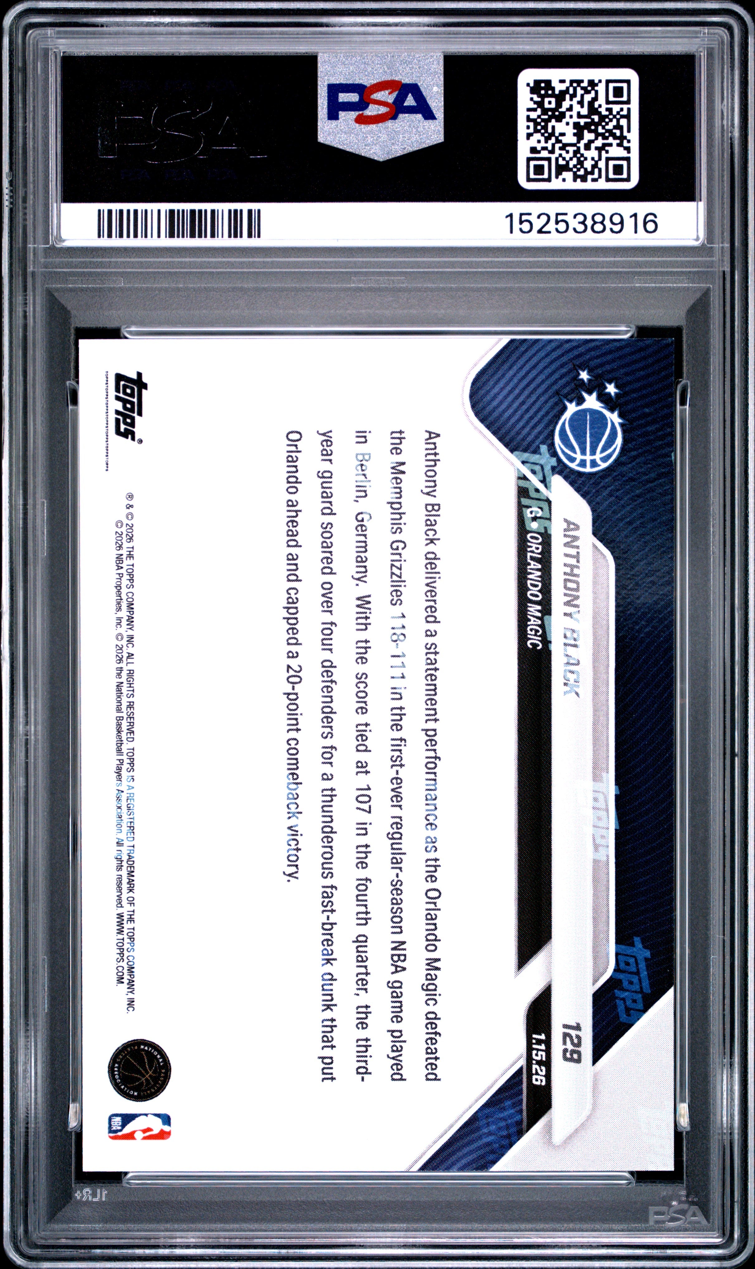 2025 Topps Now Anthony Black #129 PSA 10