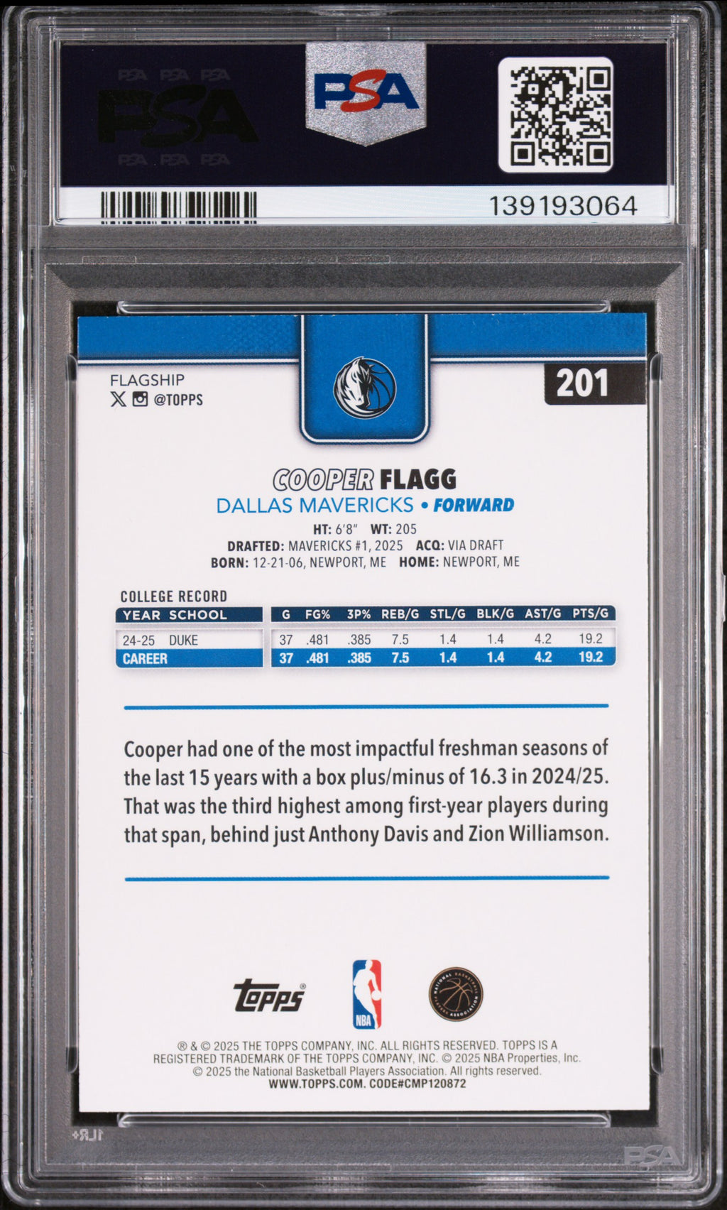 2025 Topps Cooper Flagg #201 PSA 9