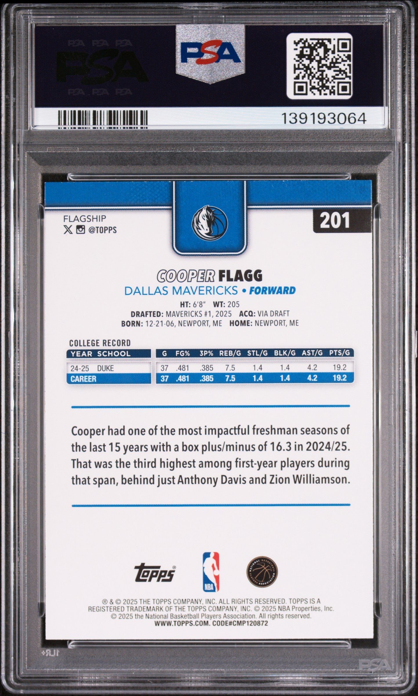 2025 Topps Cooper Flagg #201 PSA 9