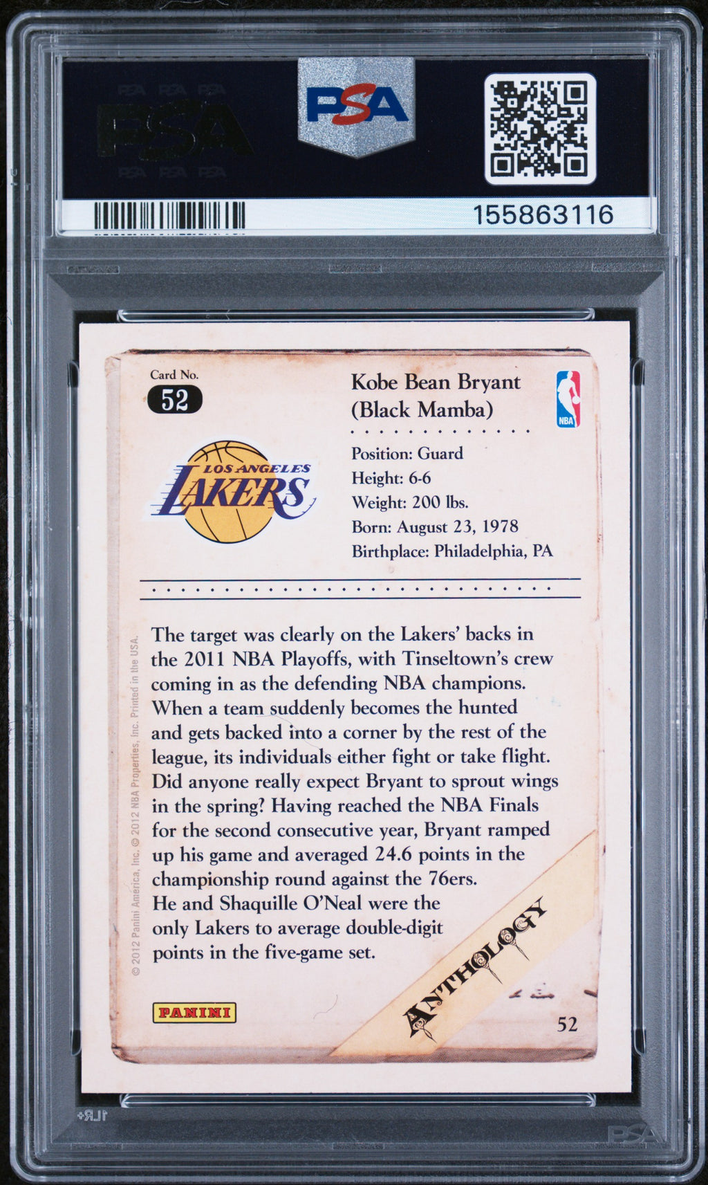 2012 Panini Kobe Anthology Kobe Bryant #52