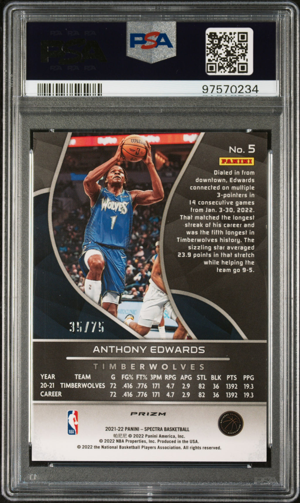 2021 Panini Spectra Anthony Edwards #5 Asia Red Yellow Green PSA 10