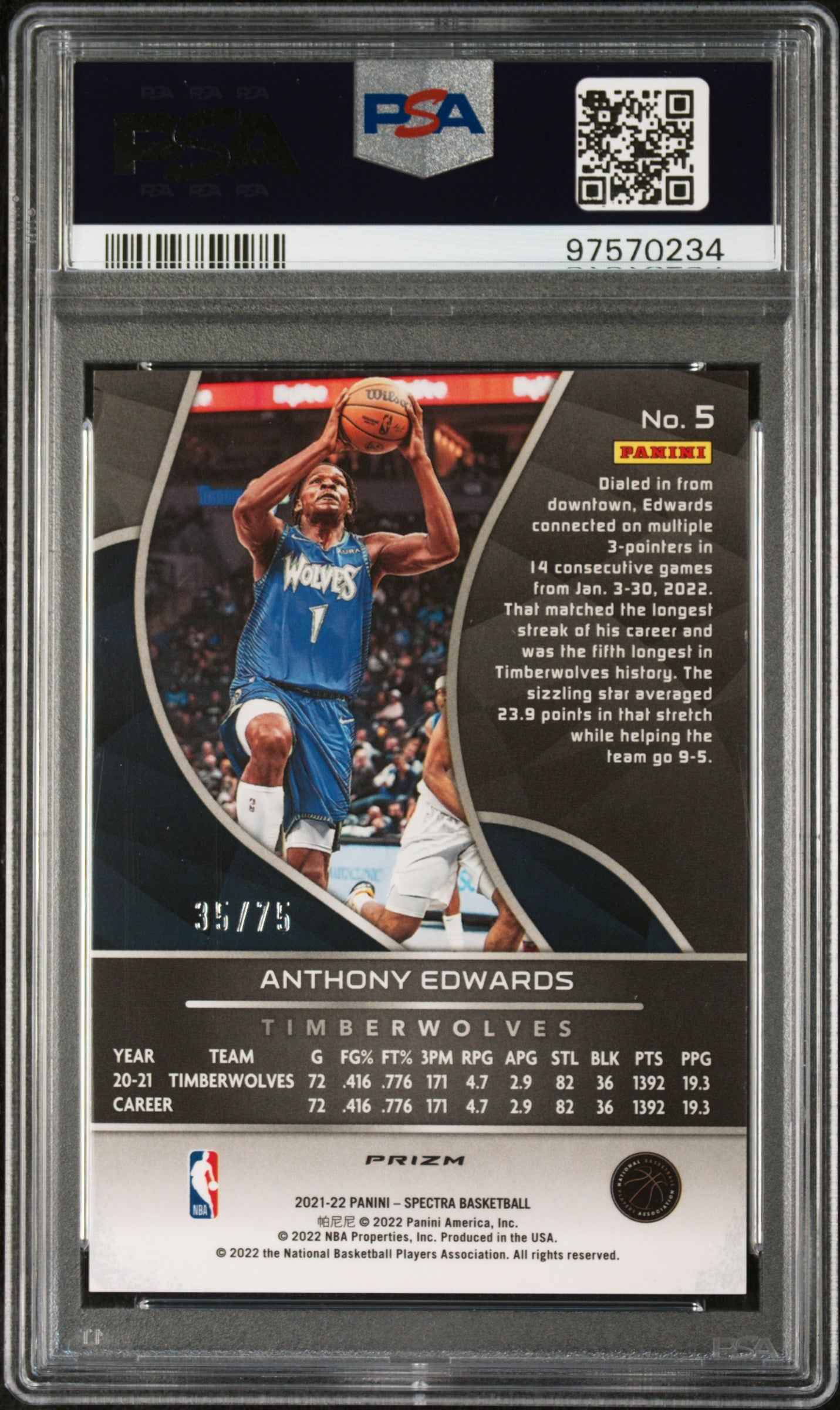 2021 Panini Spectra Anthony Edwards #5 Asia Red Yellow Green PSA 10